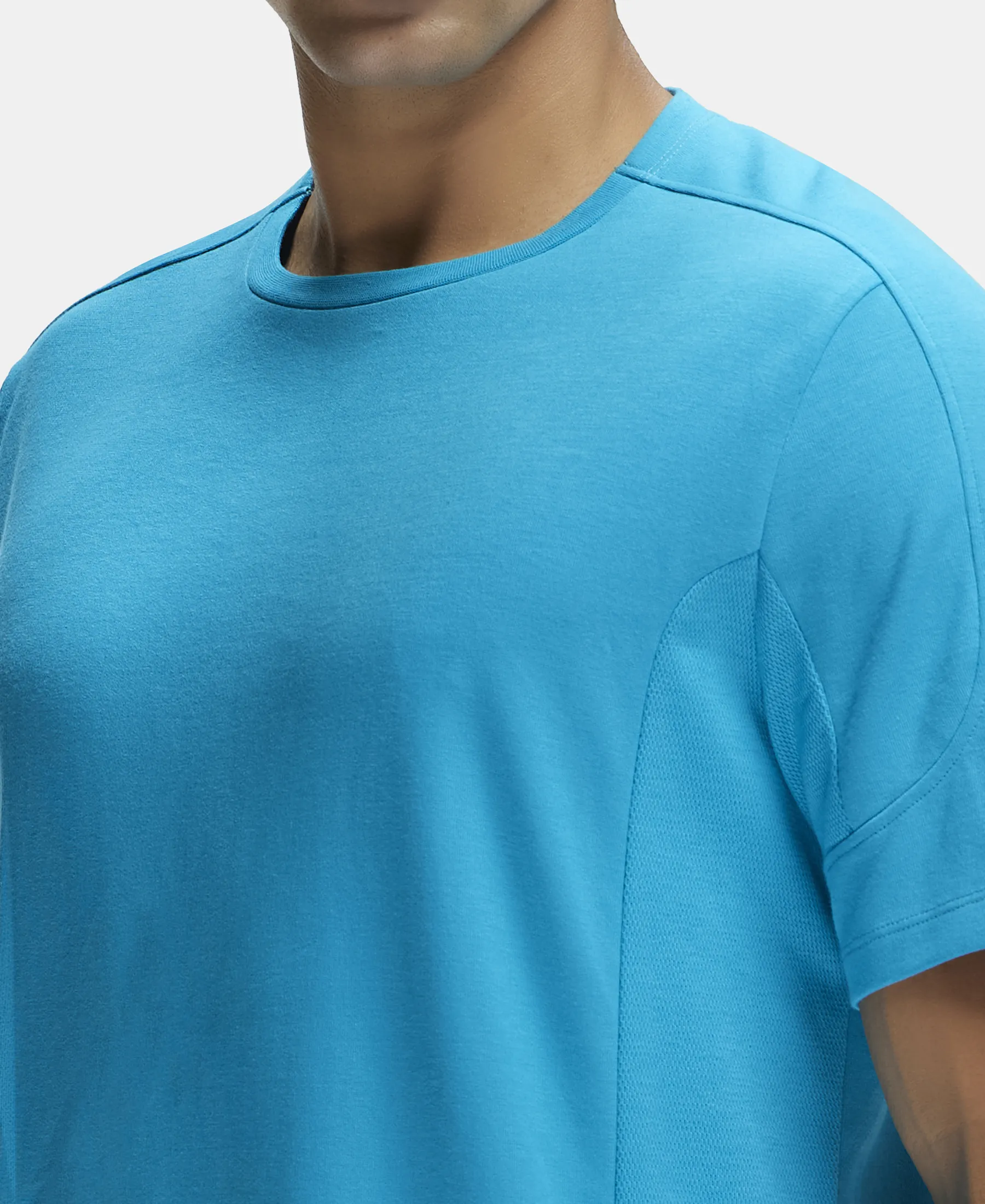 Super Combed Cotton Blend Solid Round Neck Half Sleeve T-Shirt with Breathable Mesh - Caribbean Sea - Image 7
