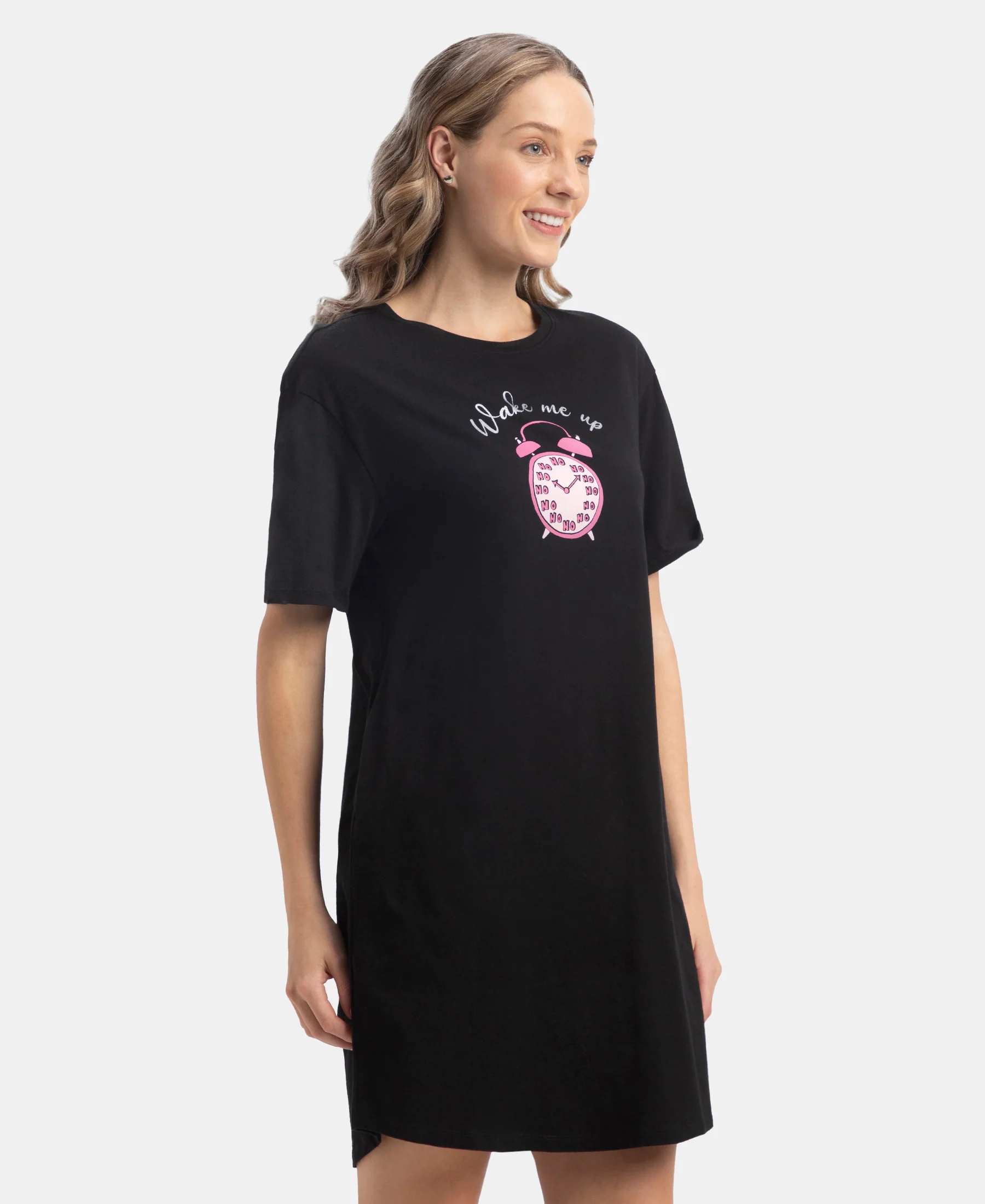 Super Combed Cotton Drop Shoulder Styled Curved Hem Printed Lounge Dress With Side Pockets - Black - Image 2