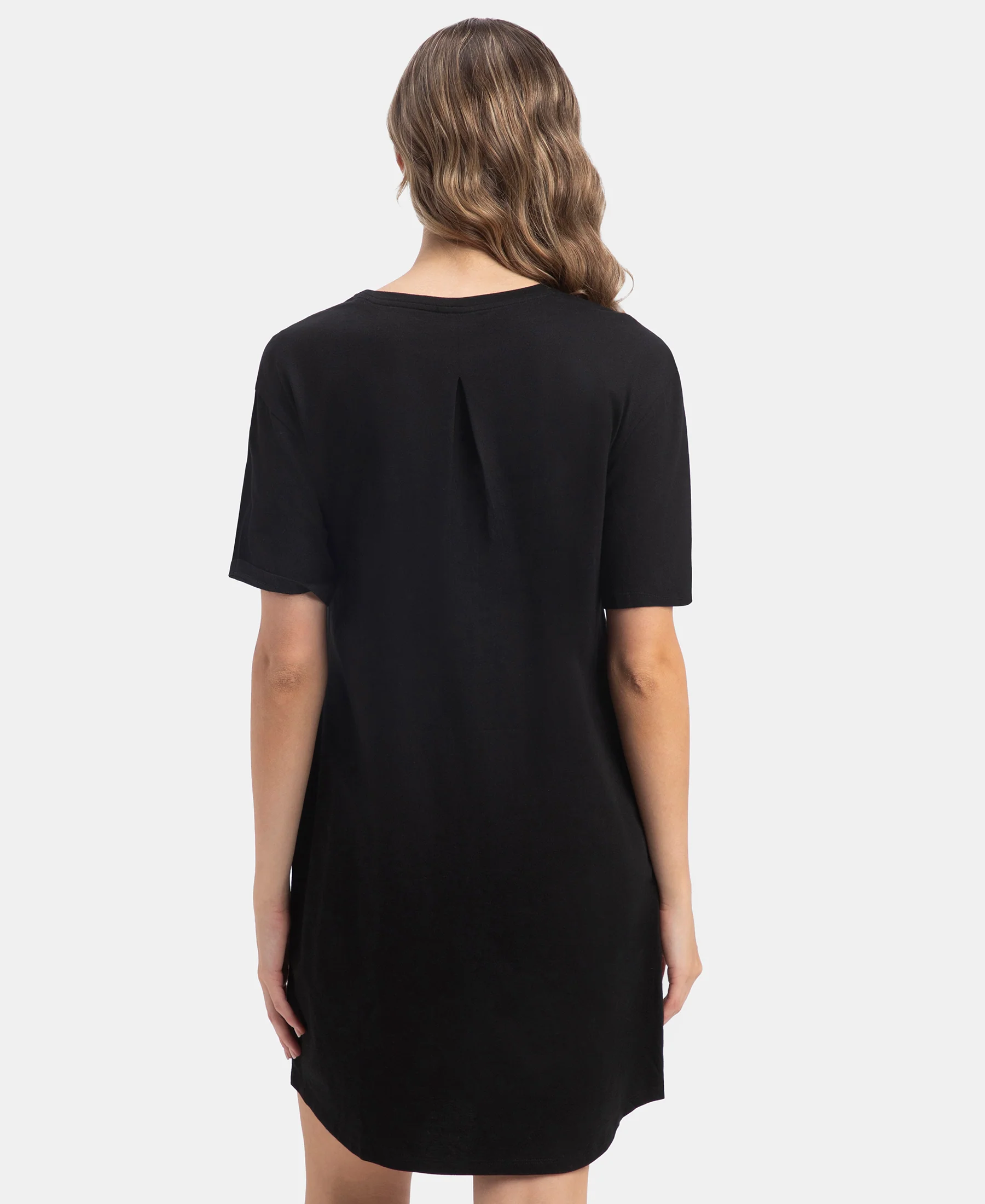 Super Combed Cotton Drop Shoulder Styled Curved Hem Printed Lounge Dress With Side Pockets - Black - Image 3