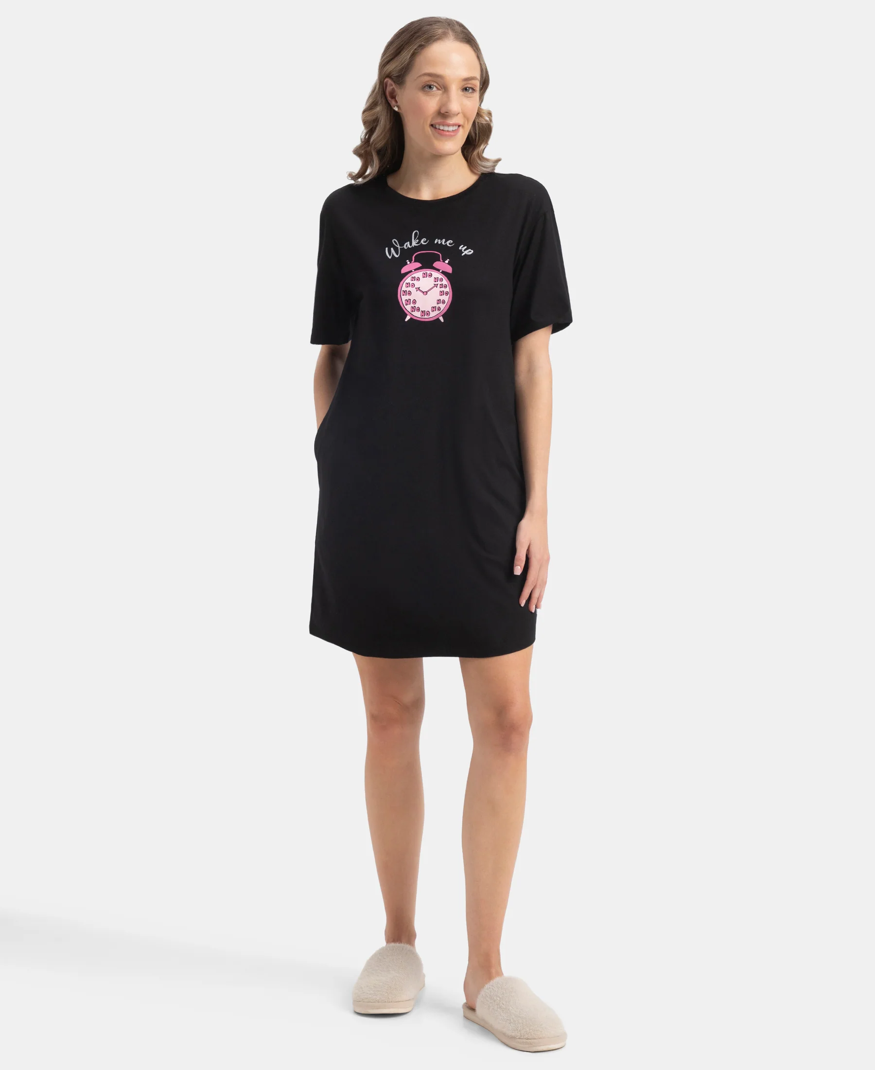 Super Combed Cotton Drop Shoulder Styled Curved Hem Printed Lounge Dress With Side Pockets - Black - Image 4