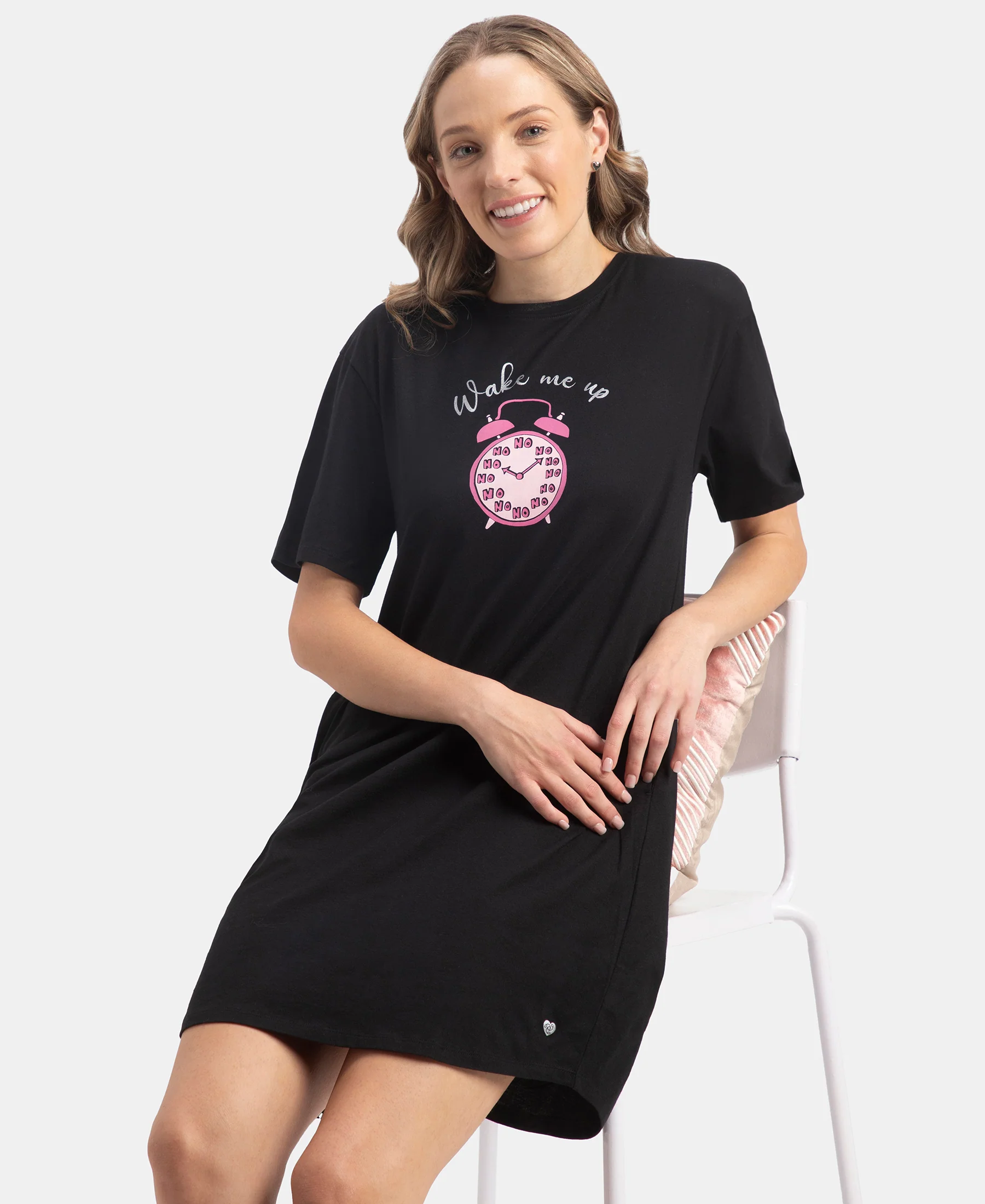 Super Combed Cotton Drop Shoulder Styled Curved Hem Printed Lounge Dress With Side Pockets - Black - Image 5