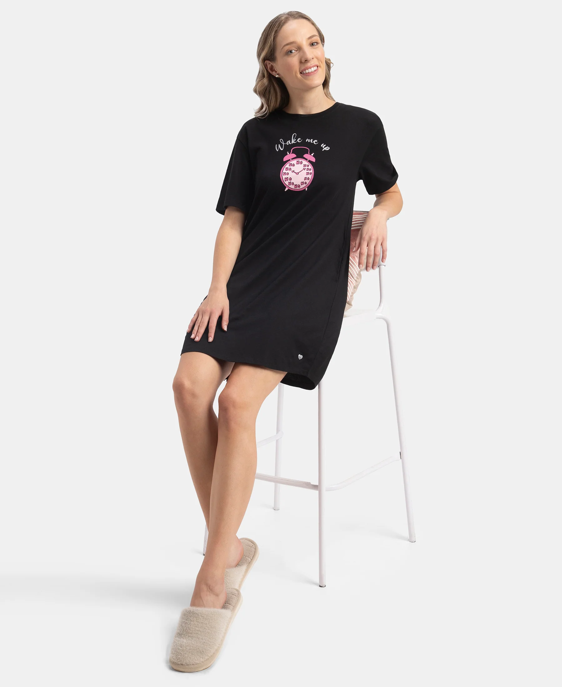 Super Combed Cotton Drop Shoulder Styled Curved Hem Printed Lounge Dress With Side Pockets - Black - Image 6