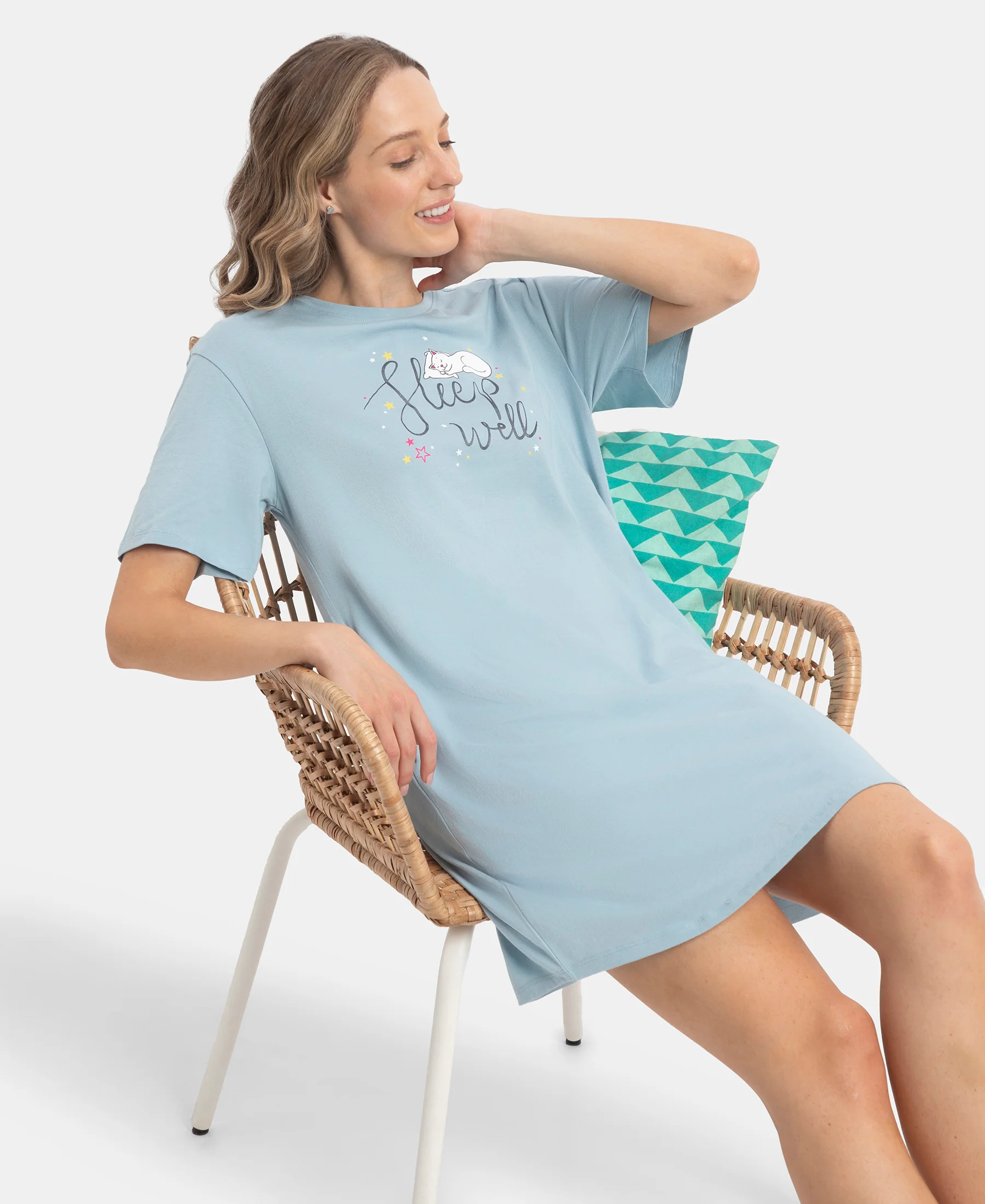 Super Combed Cotton Drop Shoulder Styled Curved Hem Printed Lounge Dress With Side Pockets - Forget Me Not - Image 5