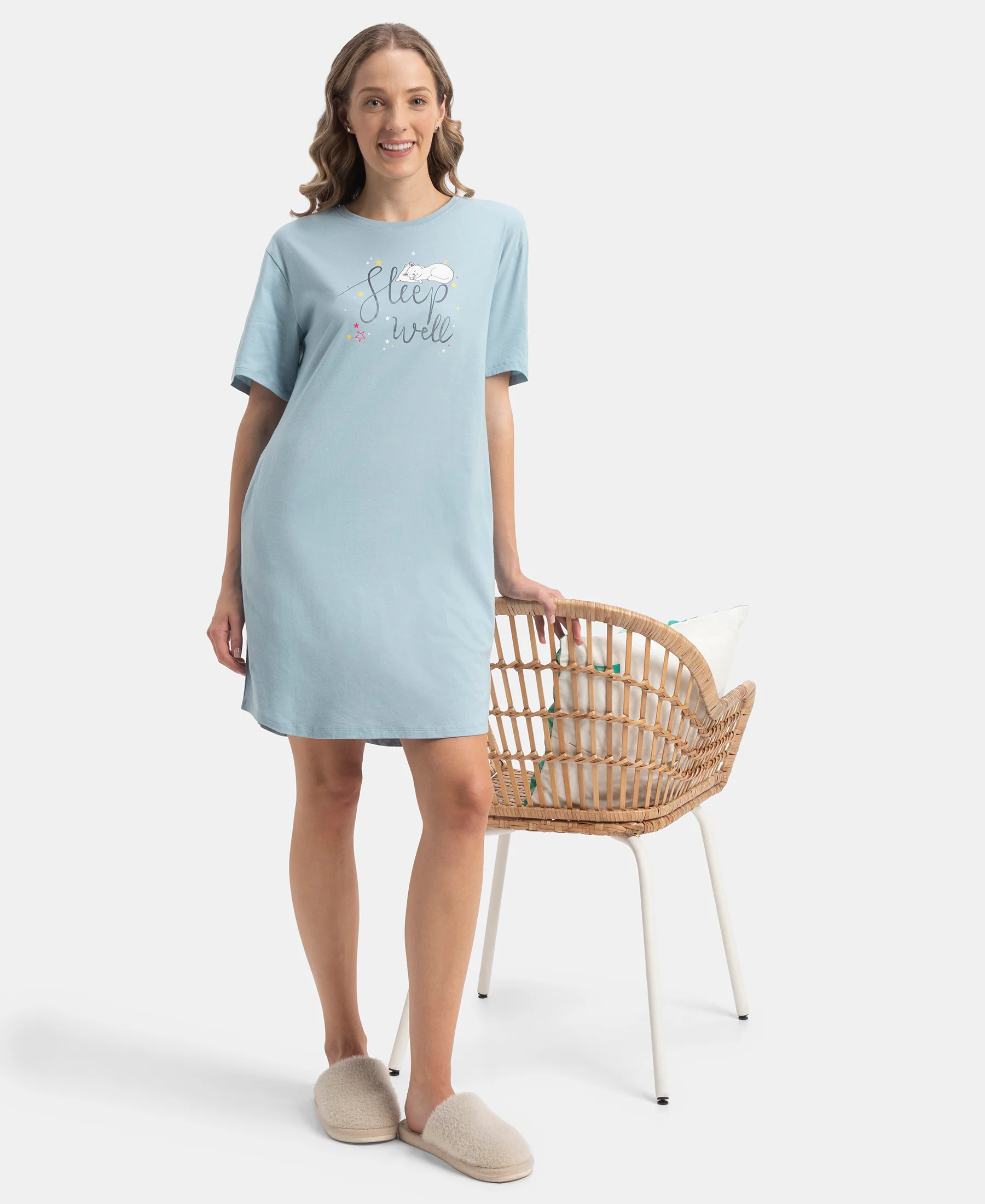 Super Combed Cotton Drop Shoulder Styled Curved Hem Printed Lounge Dress With Side Pockets - Forget Me Not - Image 6