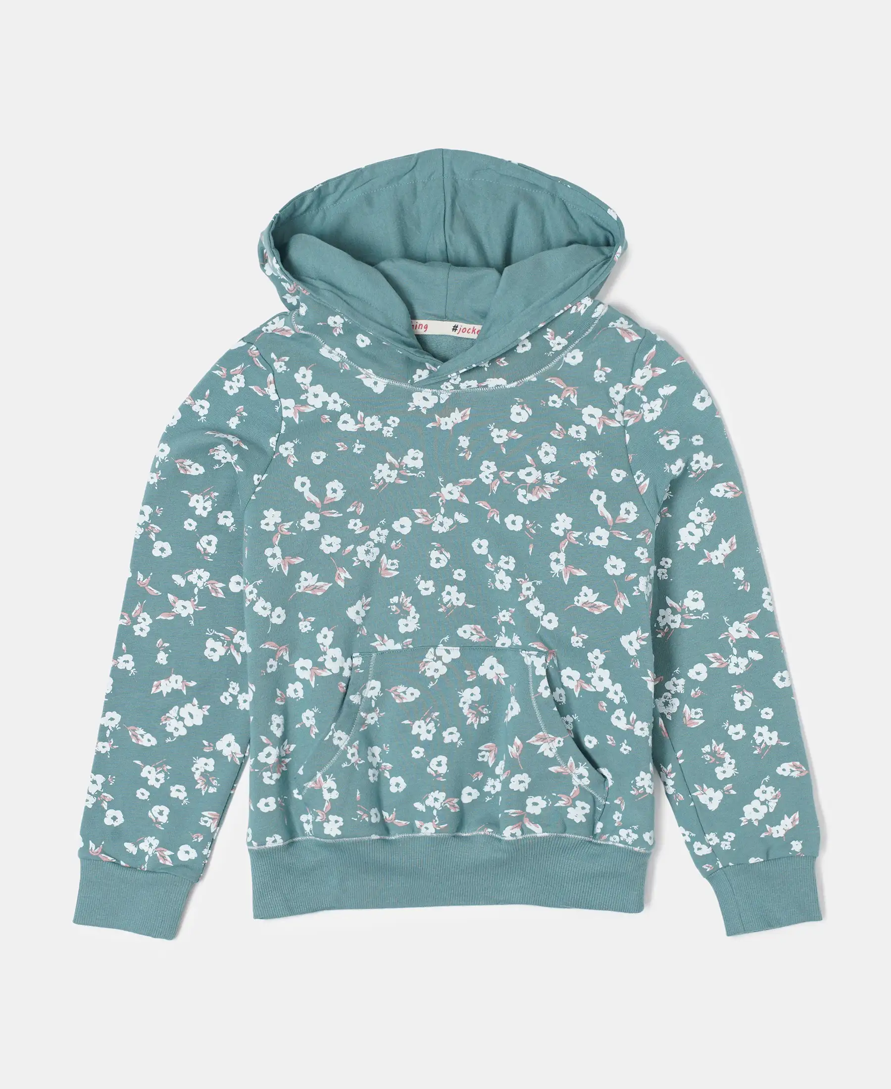 Girl's Super Combed Cotton Elastane Stretch French Terry Printed Hoodie Sweatshirt - Mineral Blue Printed