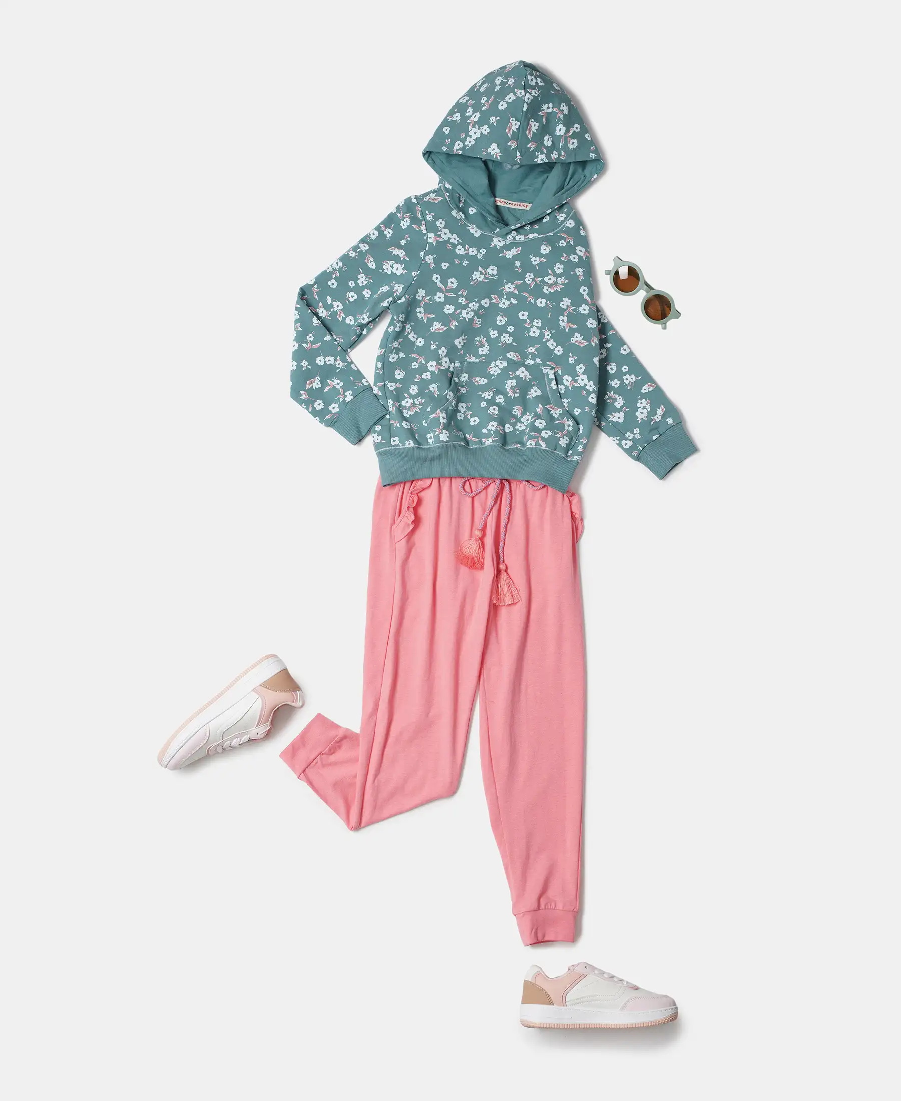 Girl's Super Combed Cotton Elastane Stretch French Terry Printed Hoodie Sweatshirt - Mineral Blue Printed - Image 4