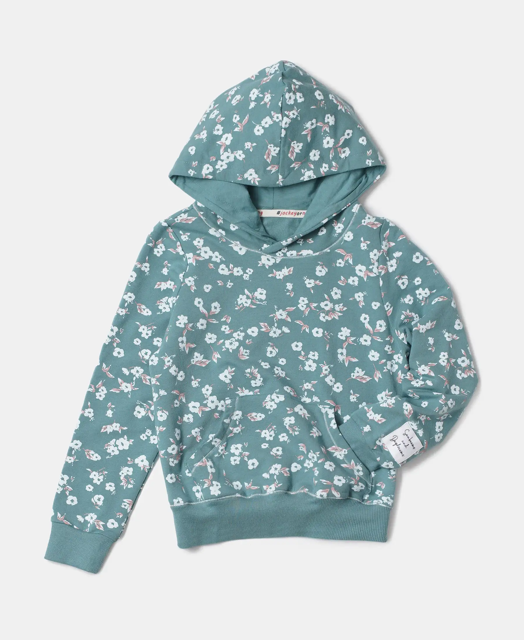 Girl's Super Combed Cotton Elastane Stretch French Terry Printed Hoodie Sweatshirt - Mineral Blue Printed - Image 5