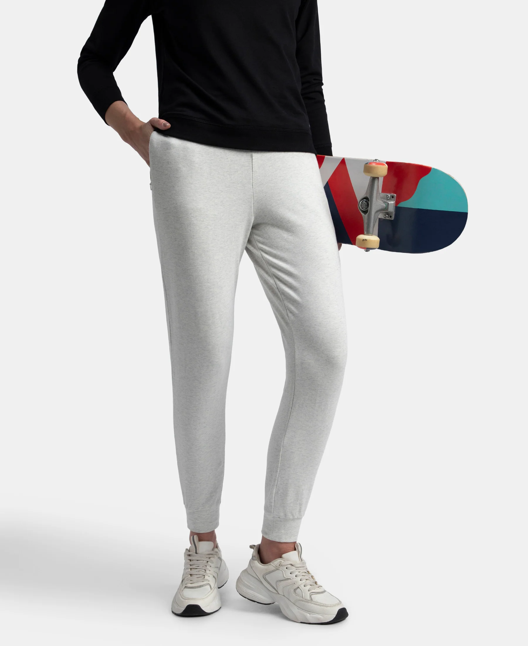 Super Combed Cotton Elastane French Terry Relaxed Fit Joggers With Zipper Pockets - Off White Melange - Image 5