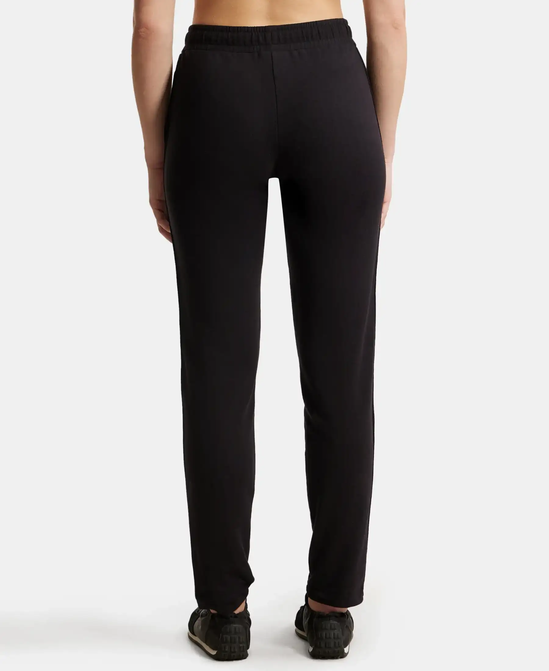Super Combed Cotton Elastane Stretch French Terry Straight Fit Trackpants with Side Pockets - Black - Image 3