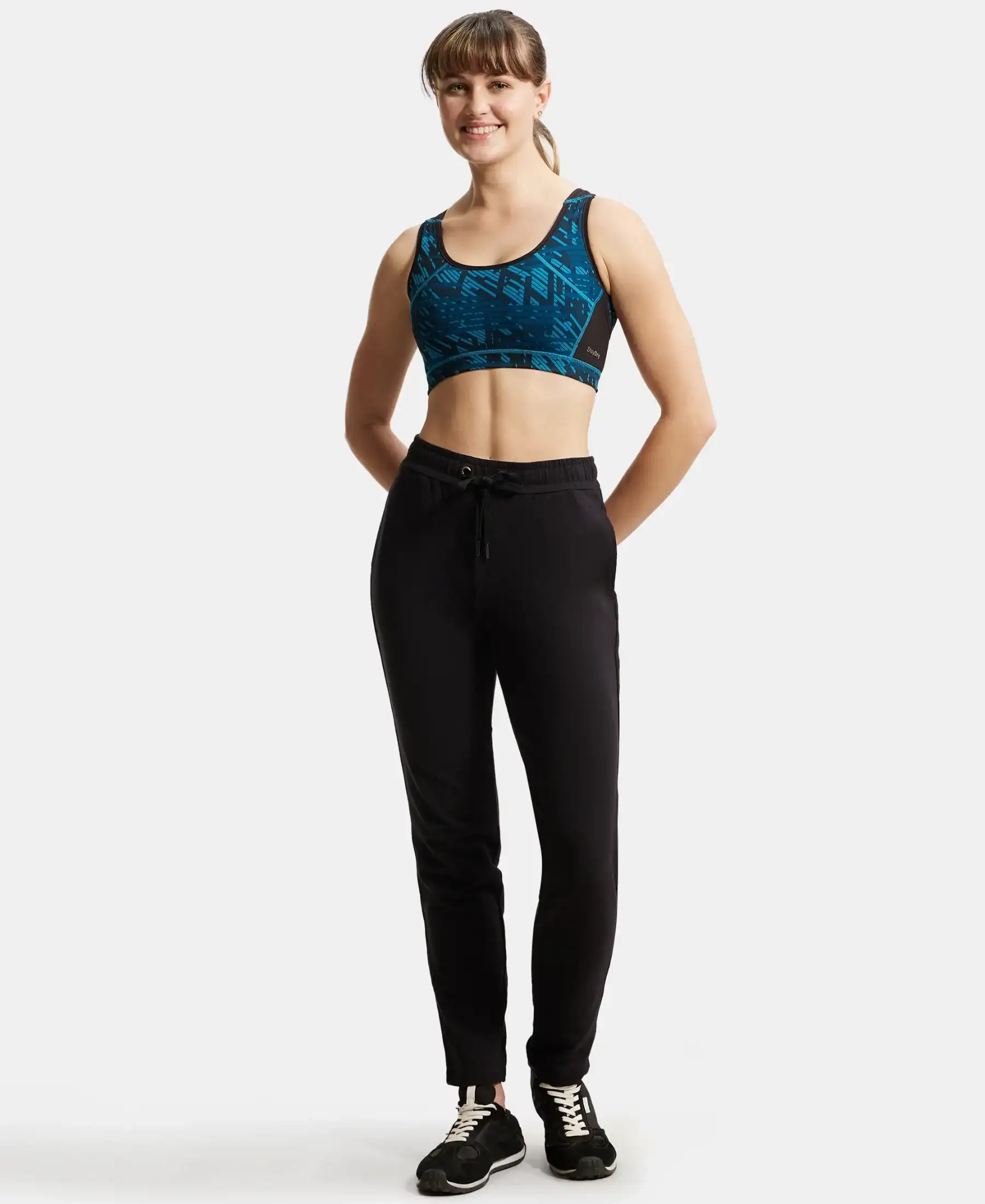 Super Combed Cotton Elastane Stretch French Terry Straight Fit Trackpants with Side Pockets - Black - Image 4
