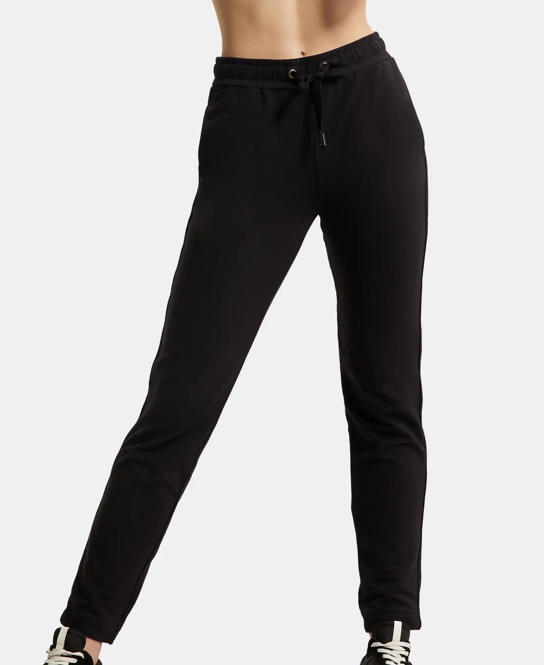 Super Combed Cotton Elastane Stretch French Terry Straight Fit Trackpants with Side Pockets - Black - Image 5