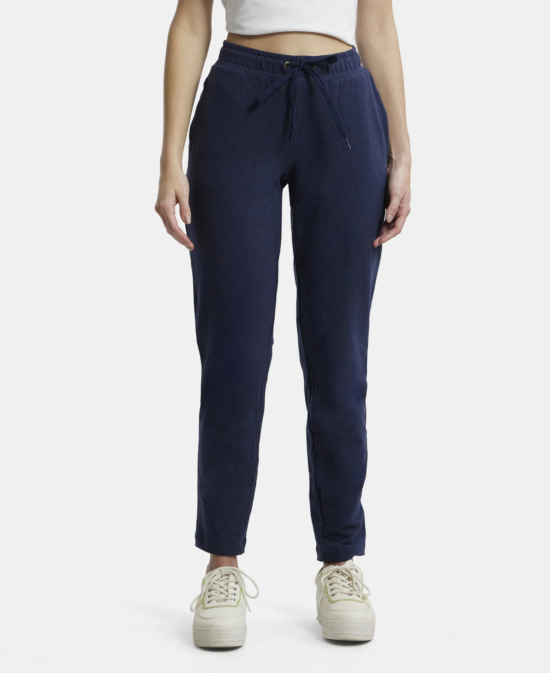 Super Combed Cotton Elastane Stretch French Terry Straight Fit Trackpants with Side Pockets - Ink Blue Melange