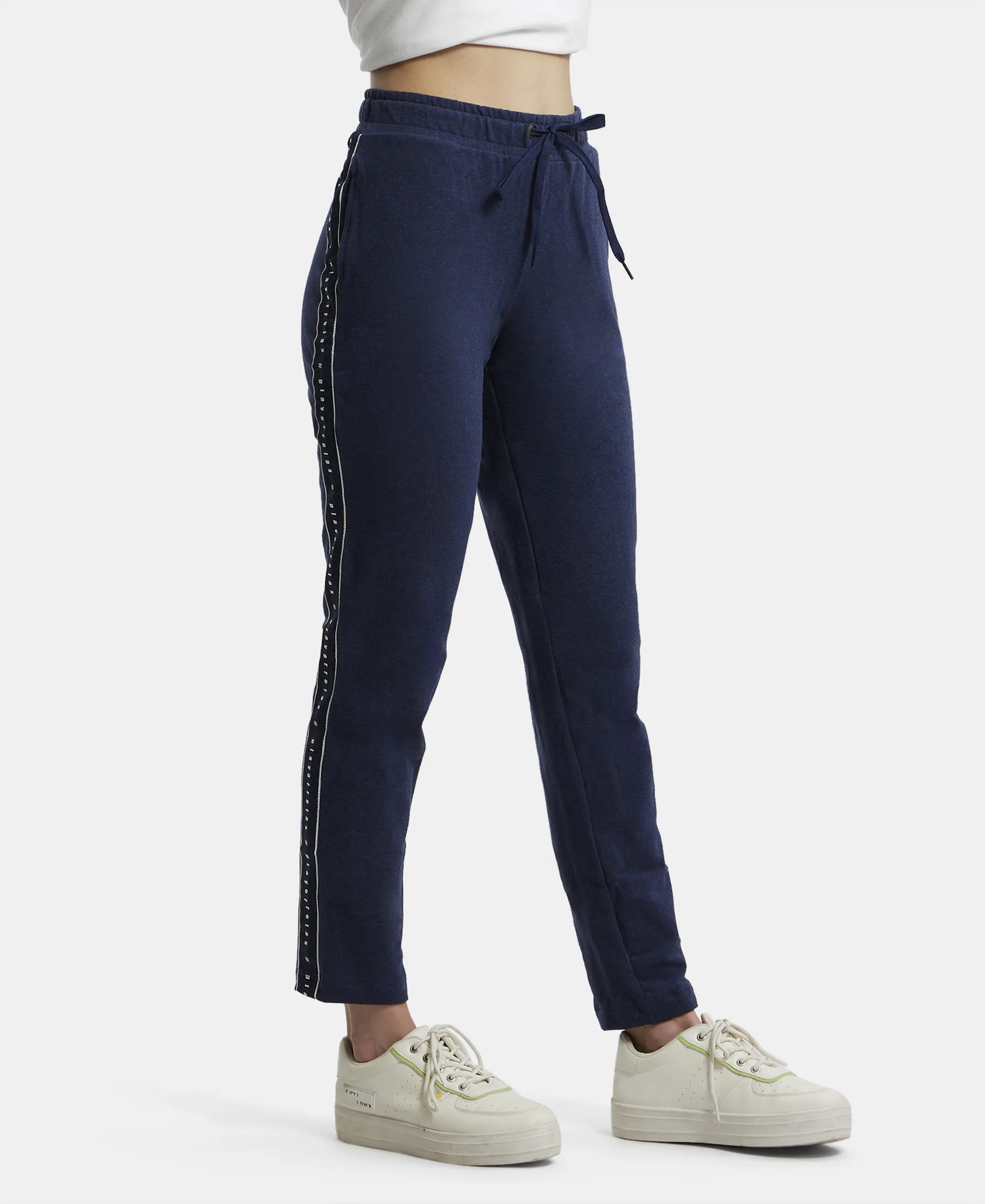 Super Combed Cotton Elastane Stretch French Terry Straight Fit Trackpants with Side Pockets - Ink Blue Melange - Image 2