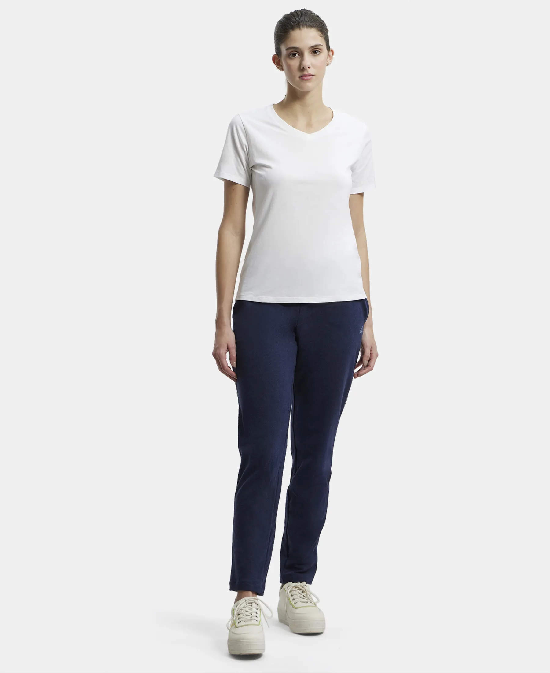 Super Combed Cotton Elastane Stretch French Terry Straight Fit Trackpants with Side Pockets - Ink Blue Melange - Image 4
