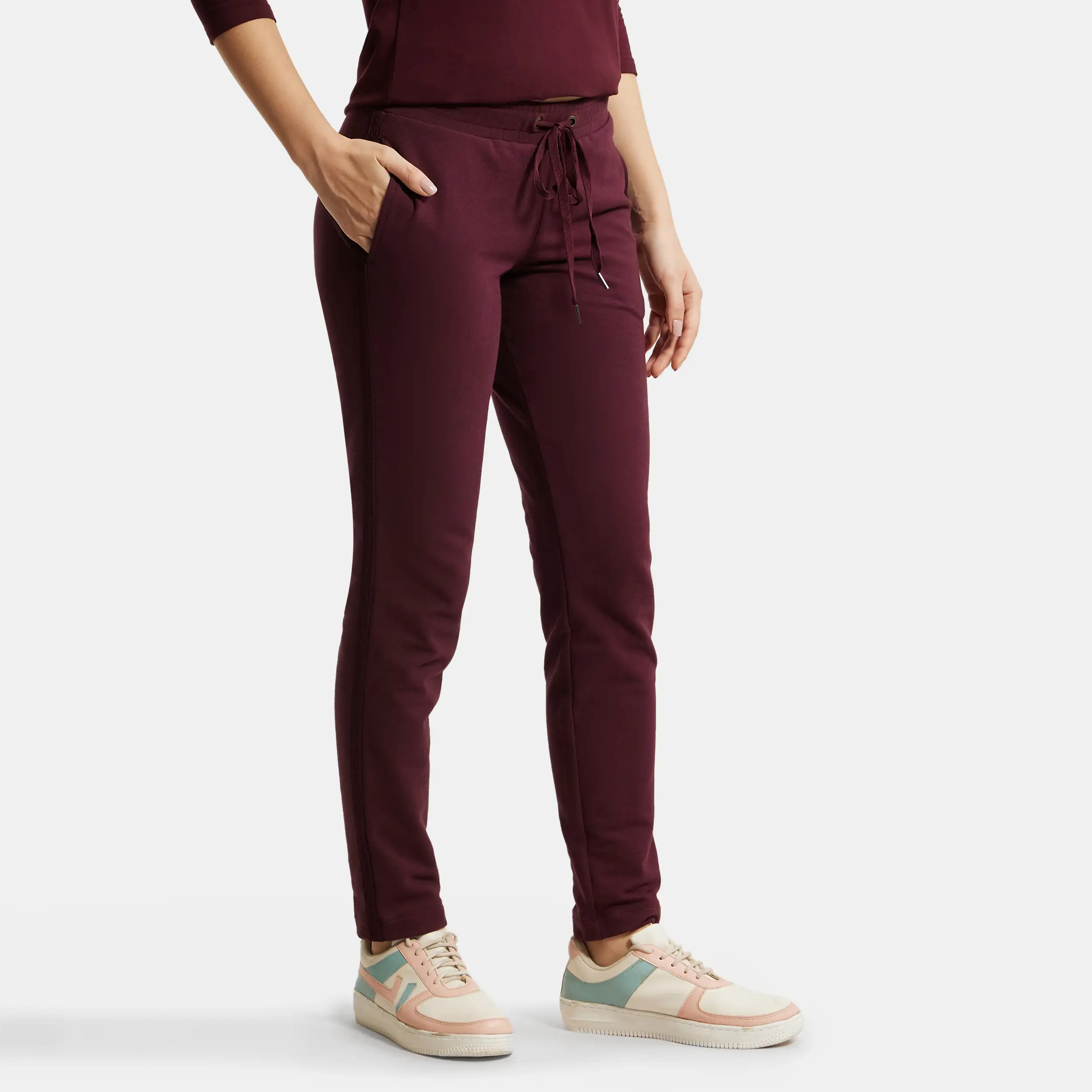Super Combed Cotton Elastane Stretch French Terry Straight Fit Trackpants with Side Pockets - Wine Tasting - Image 2