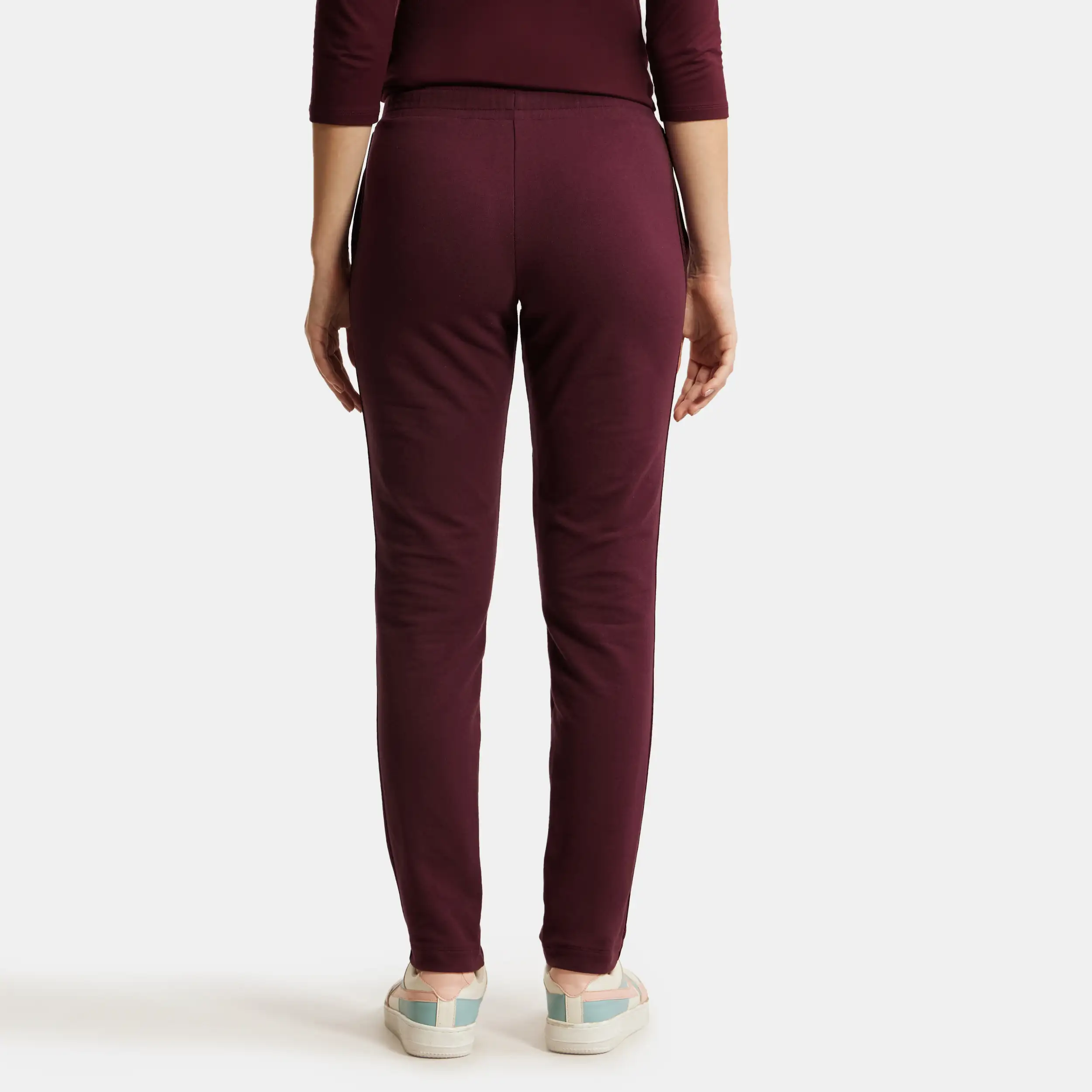 Super Combed Cotton Elastane Stretch French Terry Straight Fit Trackpants with Side Pockets - Wine Tasting - Image 3