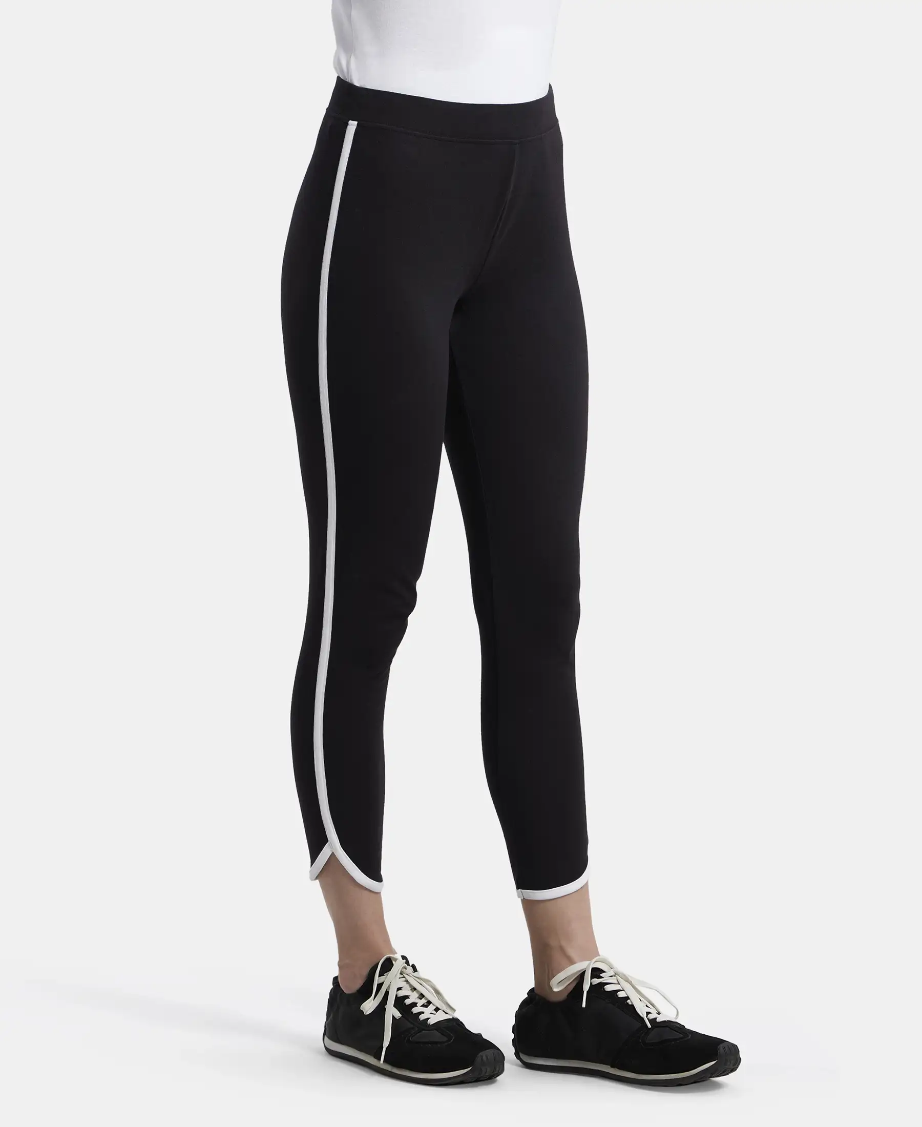 Super Combed Cotton Elastane Stretch Leggings with Contrast Side Piping - Black - Image 2
