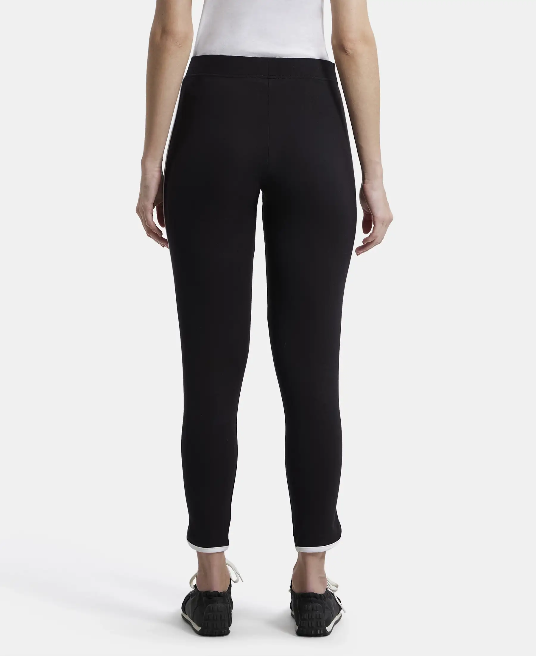 Super Combed Cotton Elastane Stretch Leggings with Contrast Side Piping - Black - Image 3