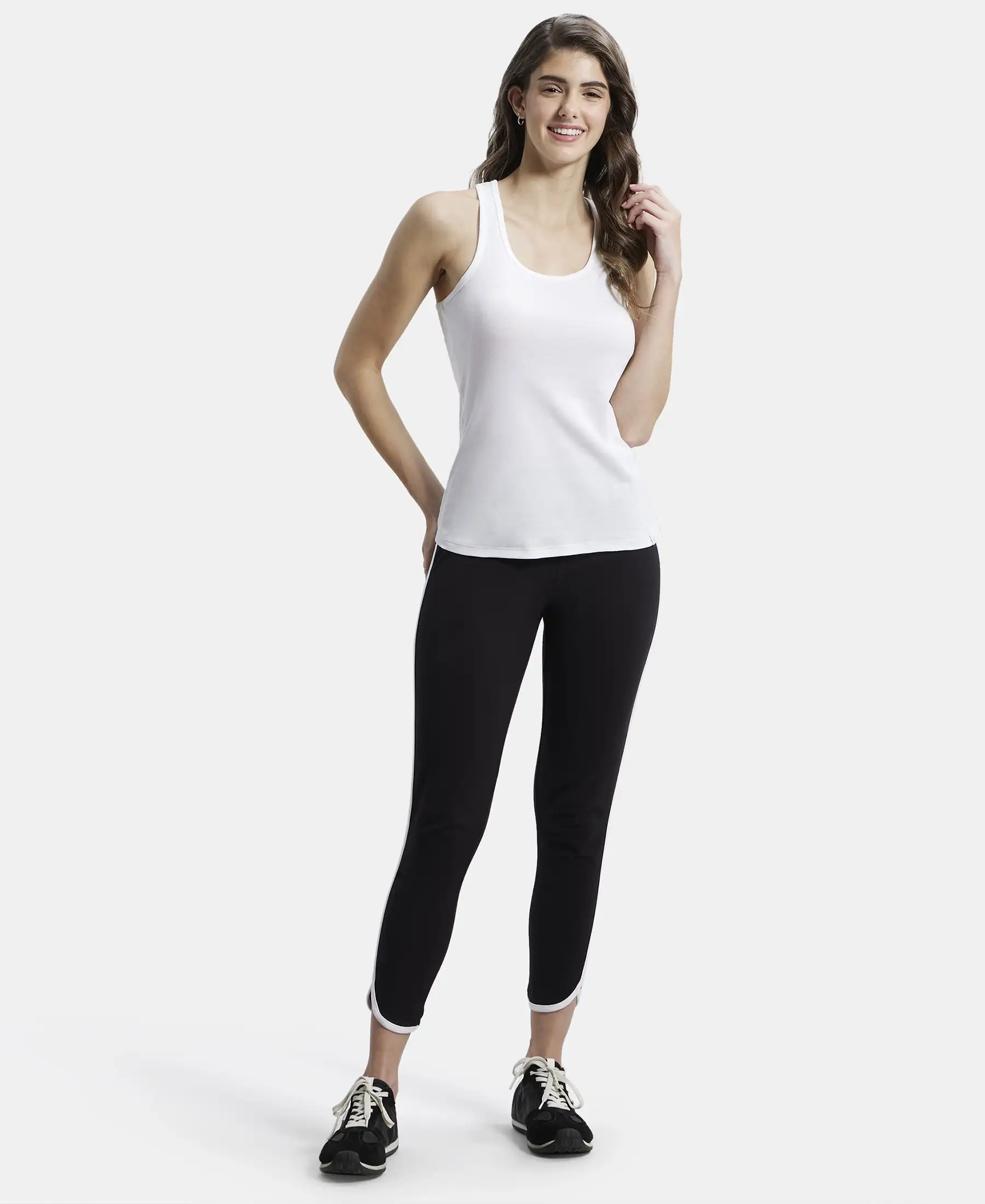 Super Combed Cotton Elastane Stretch Leggings with Contrast Side Piping - Black - Image 4