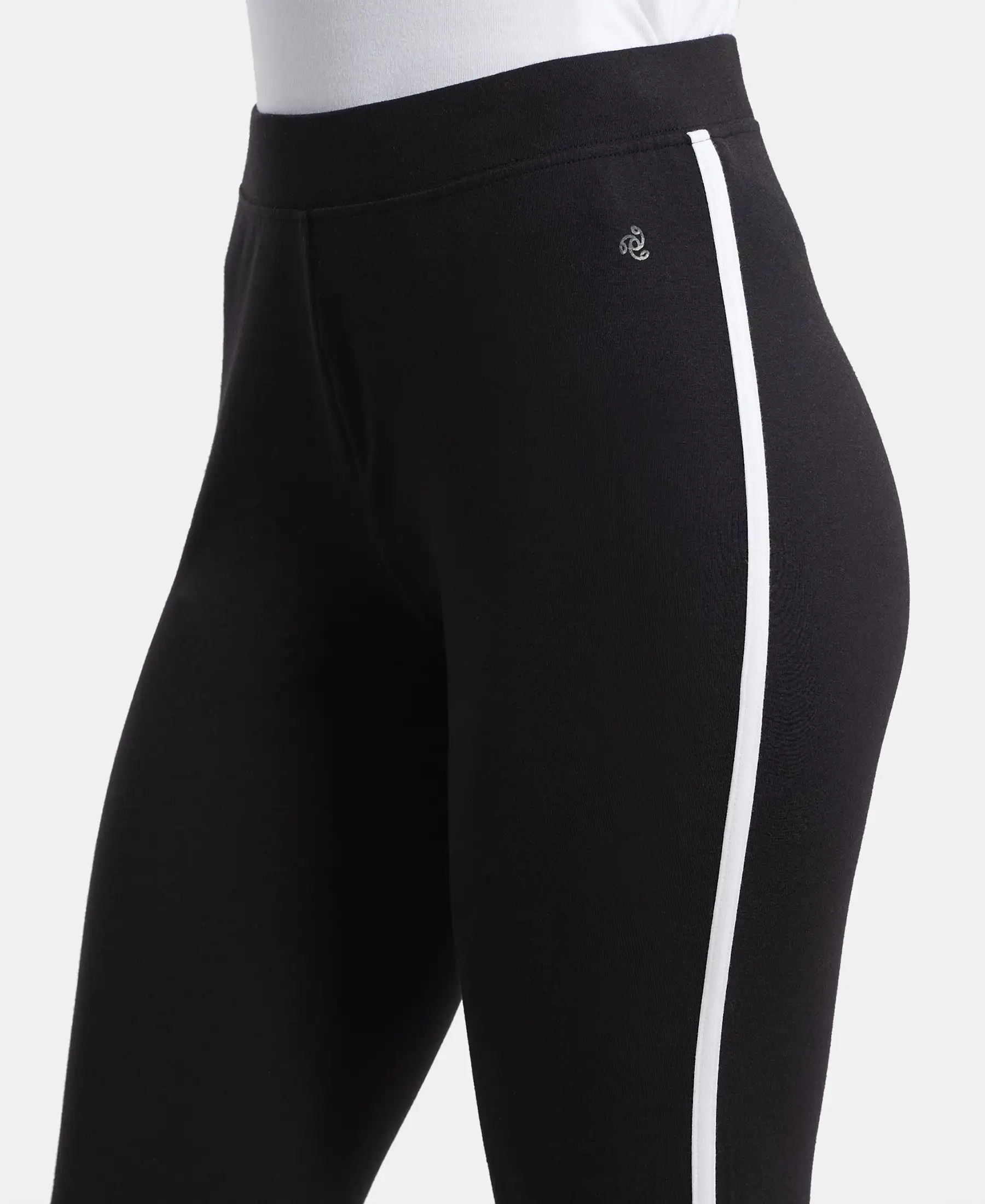 Super Combed Cotton Elastane Stretch Leggings with Contrast Side Piping - Black - Image 6
