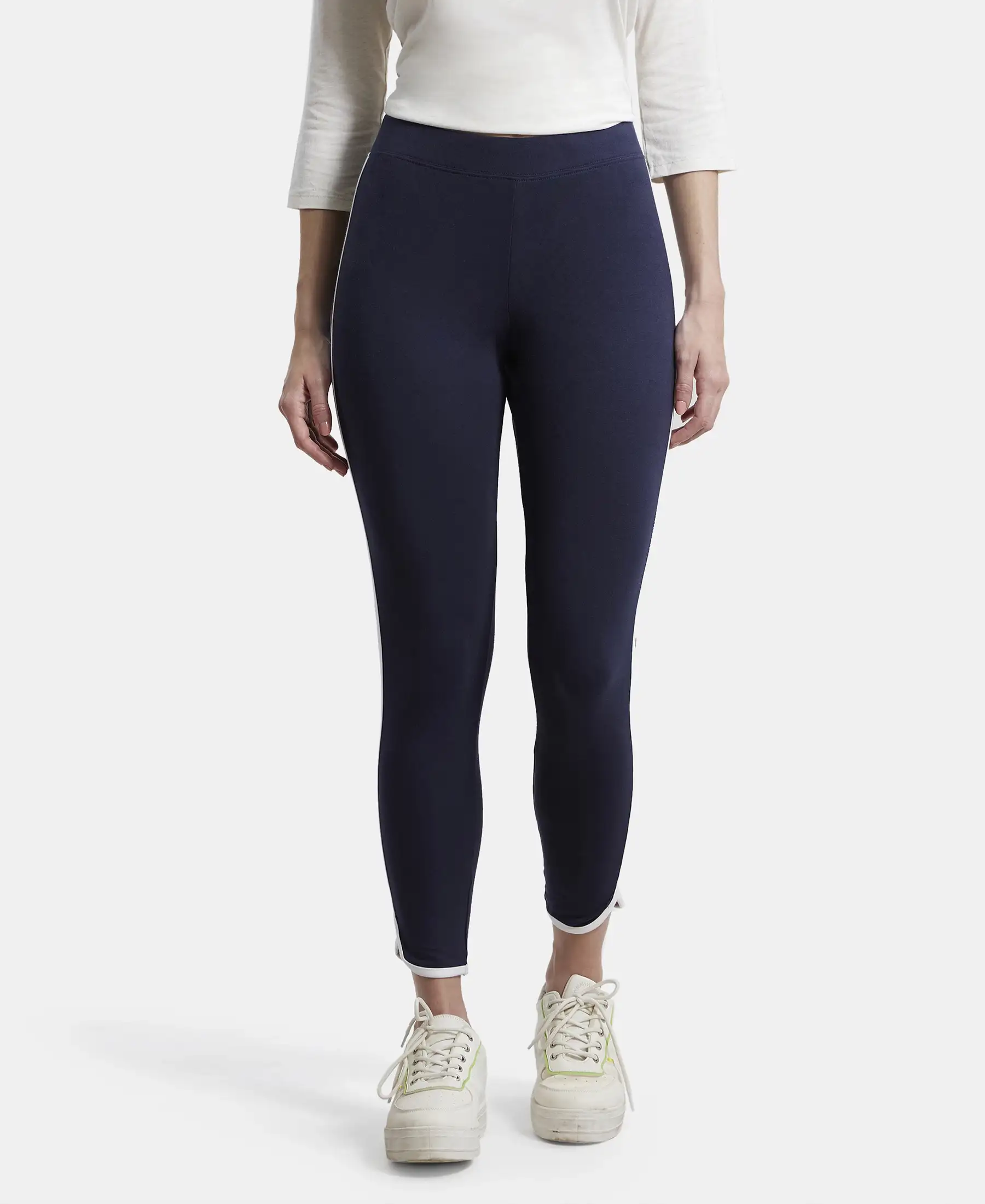 Super Combed Cotton Elastane Stretch Leggings with Contrast Side Piping - Navy Blazer