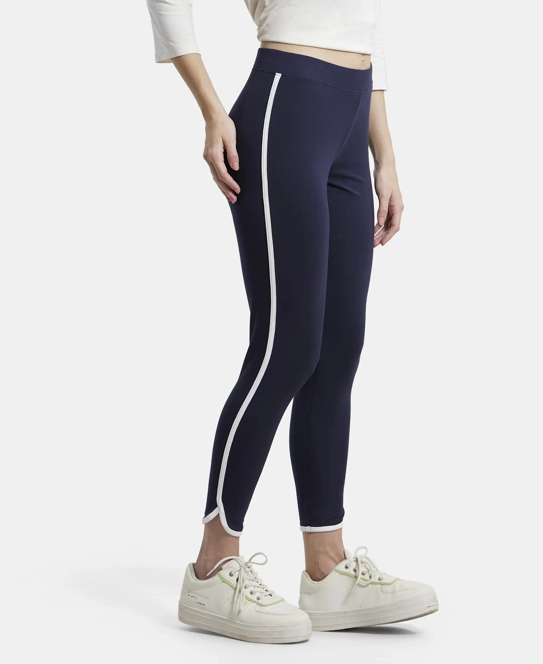 Super Combed Cotton Elastane Stretch Leggings with Contrast Side Piping - Navy Blazer - Image 2