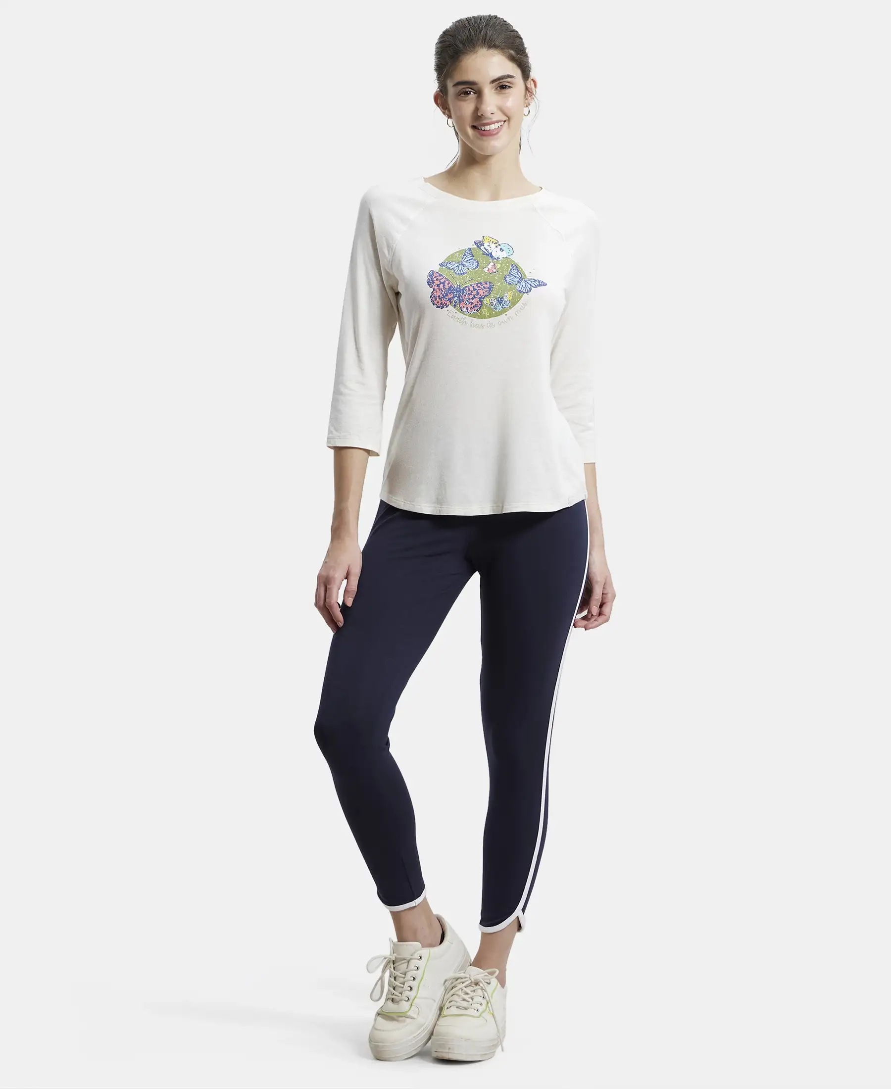 Super Combed Cotton Elastane Stretch Leggings with Contrast Side Piping - Navy Blazer - Image 4