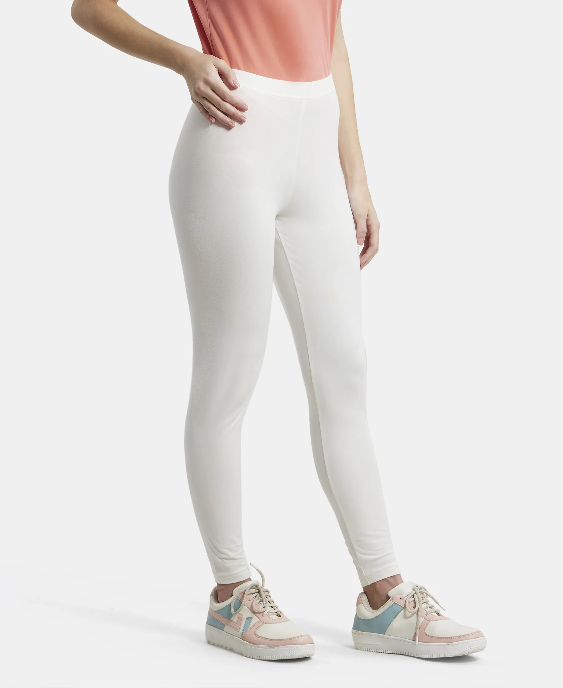 Super Combed Cotton Elastane Stretch Leggings with Ultrasoft Waistband - Coconut milk - Image 2