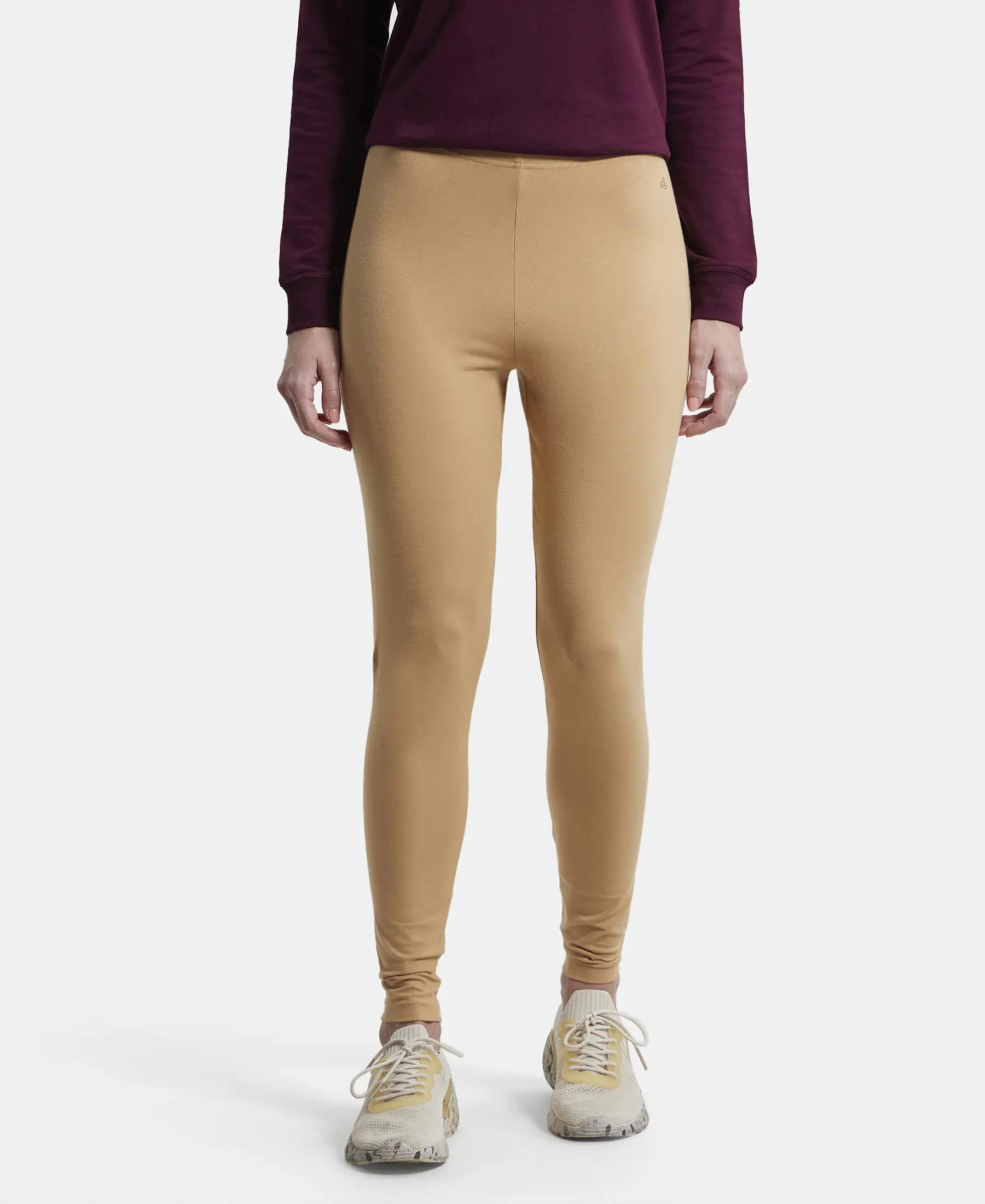Super Combed Cotton Elastane Stretch Leggings with Ultrasoft Waistband - Tan