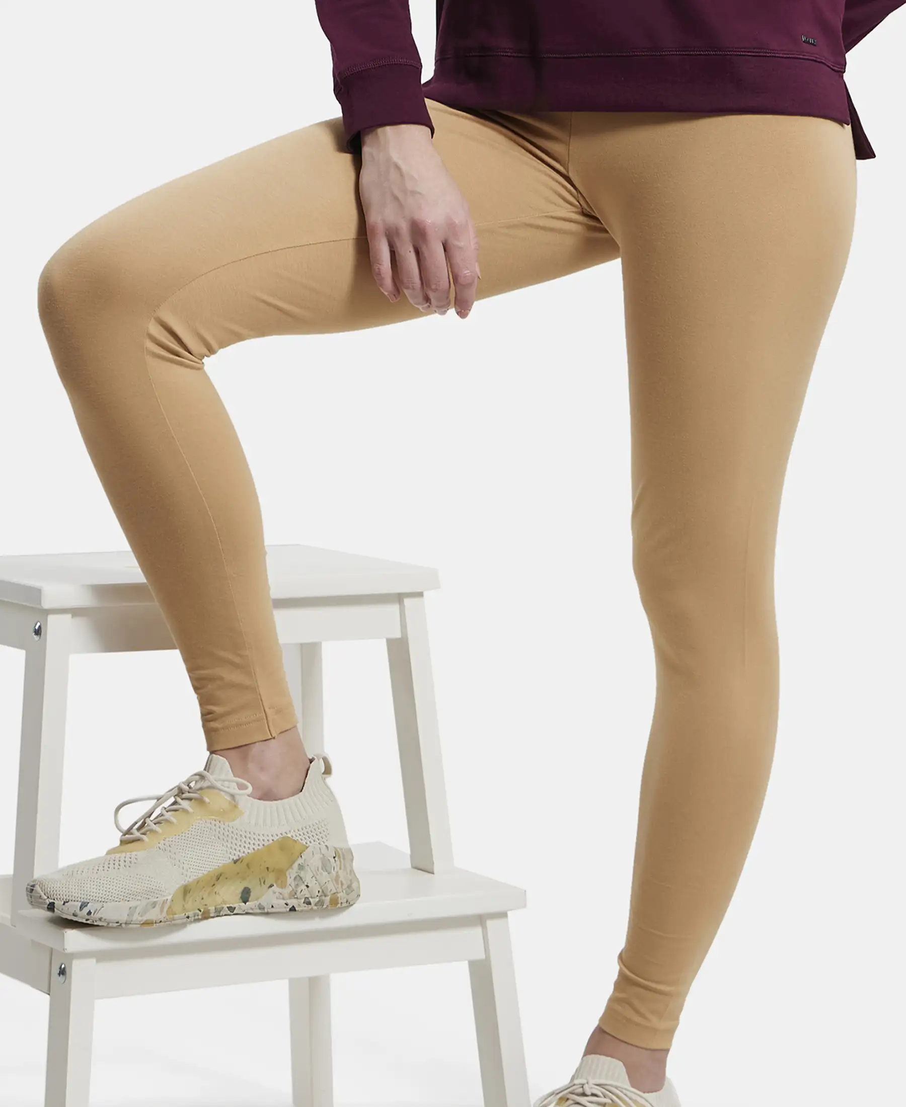 Super Combed Cotton Elastane Stretch Leggings with Ultrasoft Waistband - Tan - Image 5