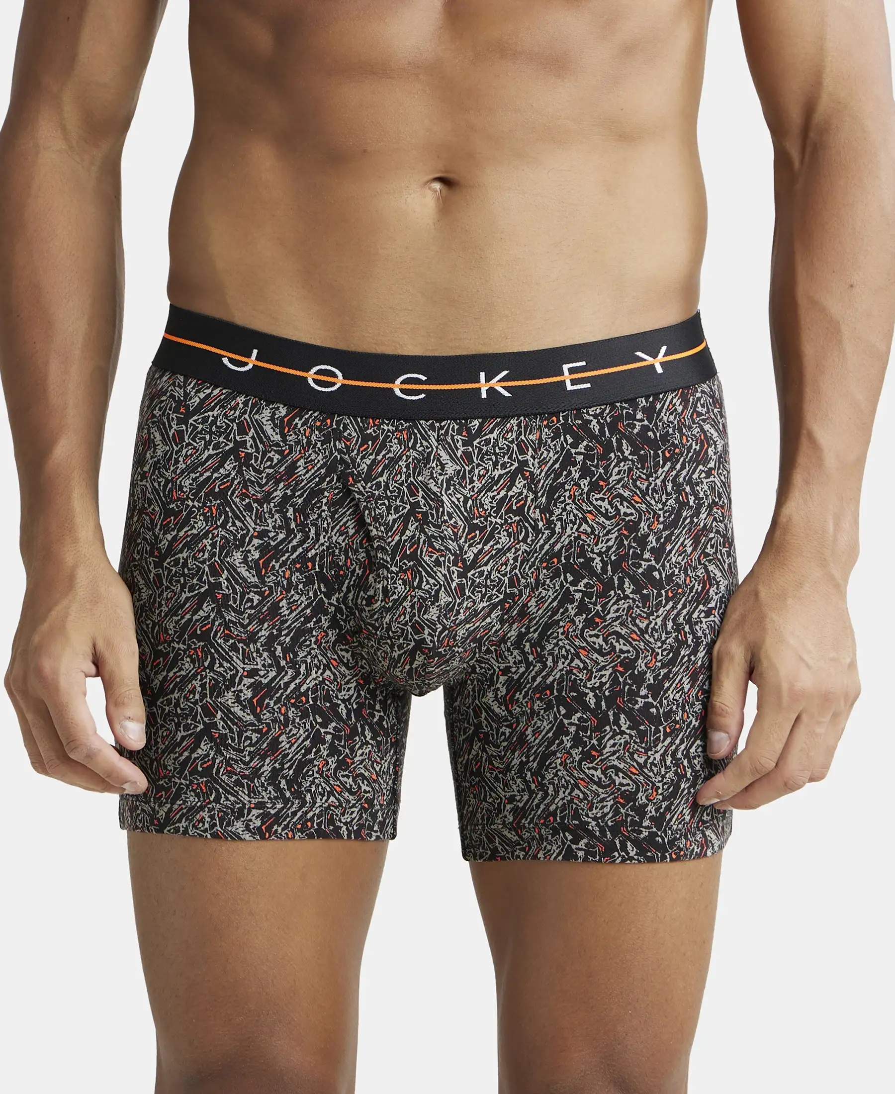 Super Combed Cotton Elastane Printed Boxer Brief with Ultrasoft Waistband - Black & Orange
