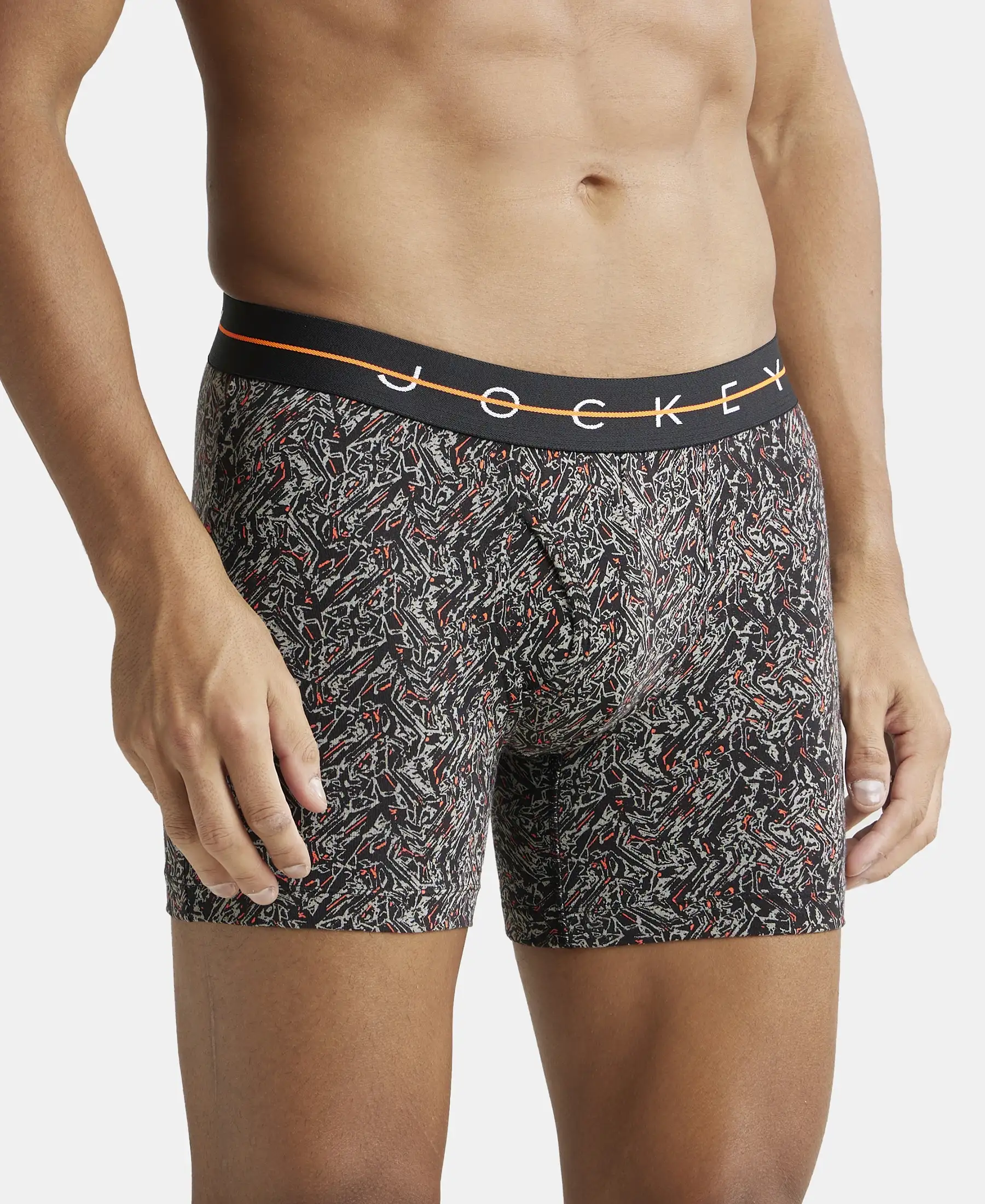 Super Combed Cotton Elastane Printed Boxer Brief with Ultrasoft Waistband - Black & Orange - Image 2