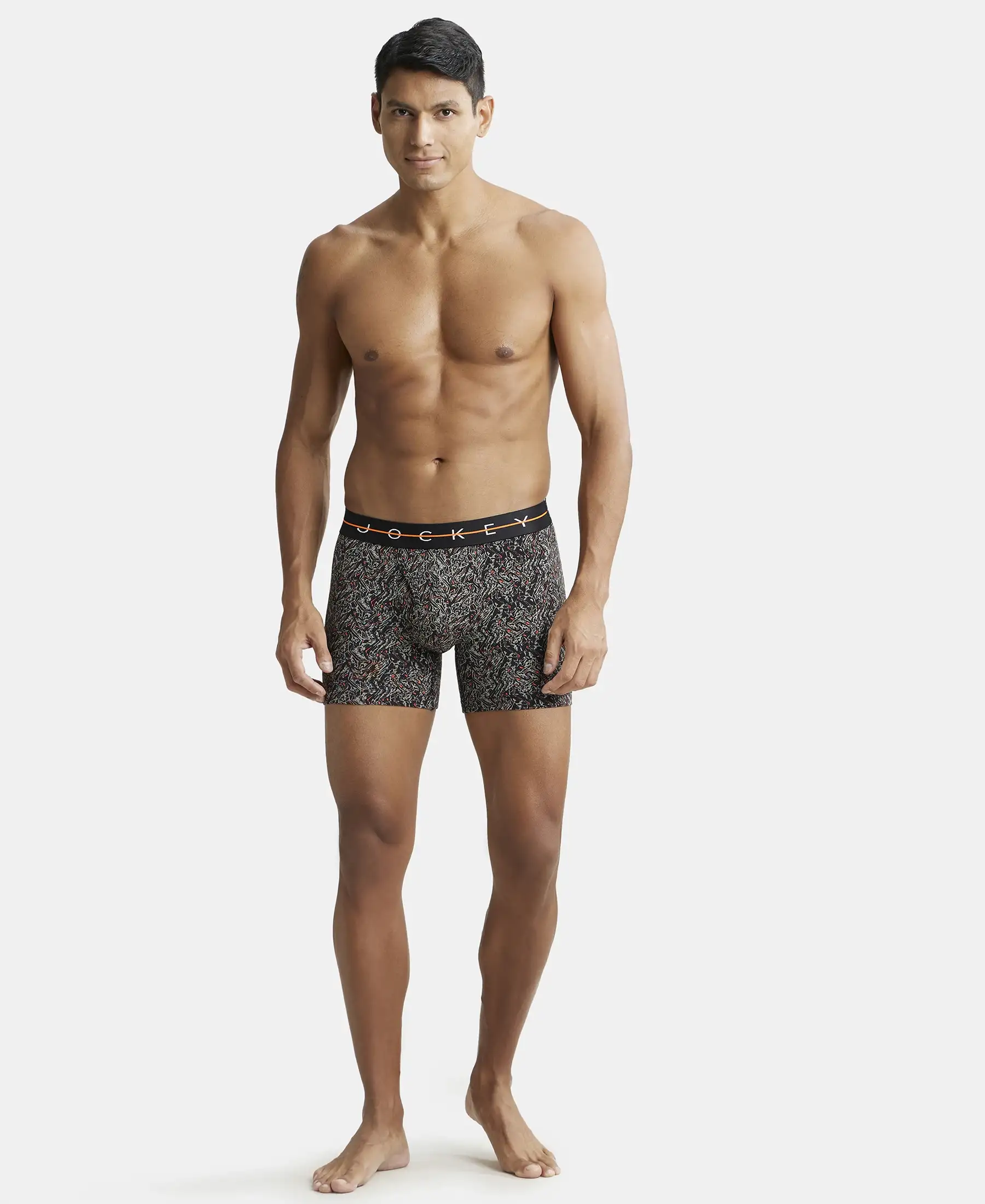Super Combed Cotton Elastane Printed Boxer Brief with Ultrasoft Waistband - Black & Orange - Image 4