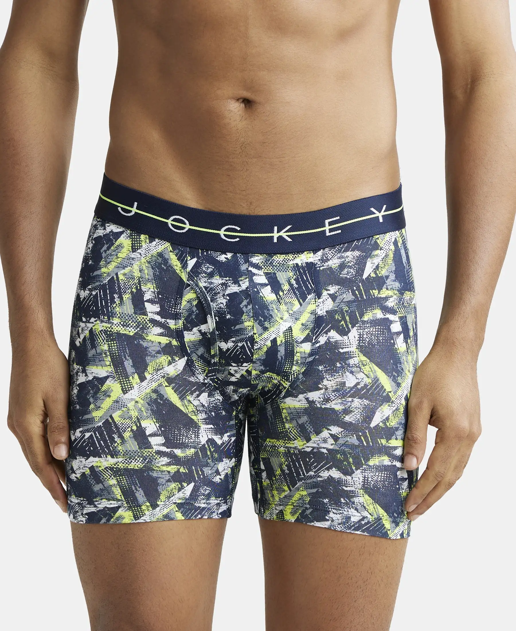 Super Combed Cotton Elastane Printed Boxer Brief with Ultrasoft Waistband - Navy & Neon