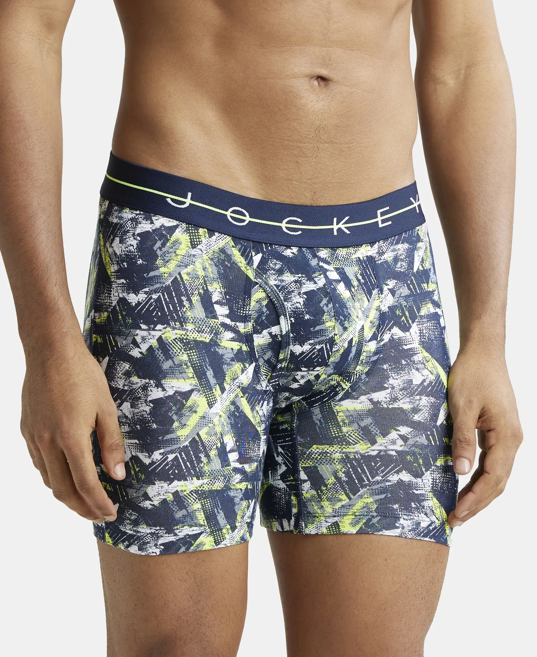 Super Combed Cotton Elastane Printed Boxer Brief with Ultrasoft Waistband - Navy & Neon - Image 2