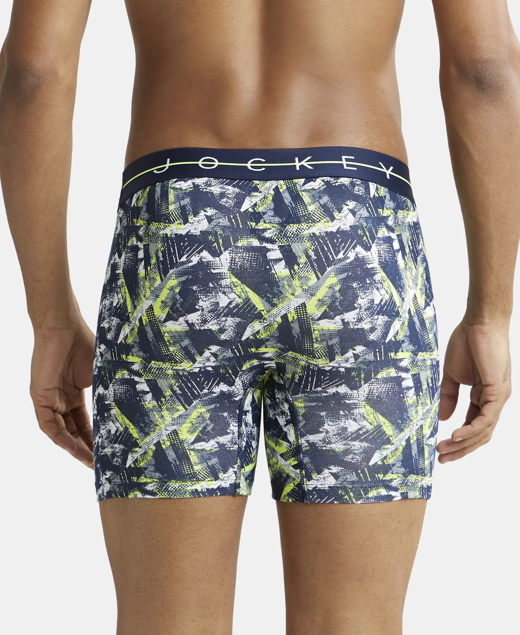 Super Combed Cotton Elastane Printed Boxer Brief with Ultrasoft Waistband - Navy & Neon - Image 3