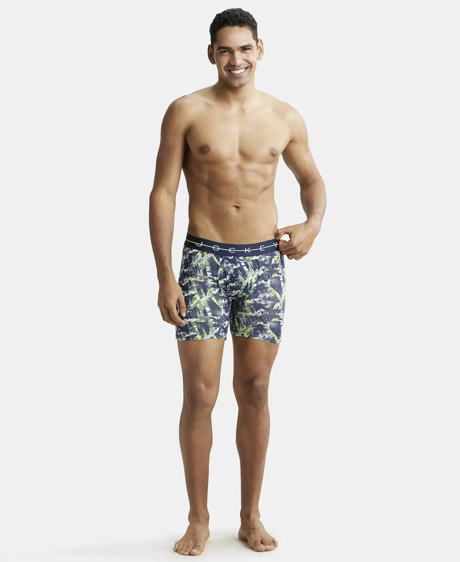 Super Combed Cotton Elastane Printed Boxer Brief with Ultrasoft Waistband - Navy & Neon - Image 4