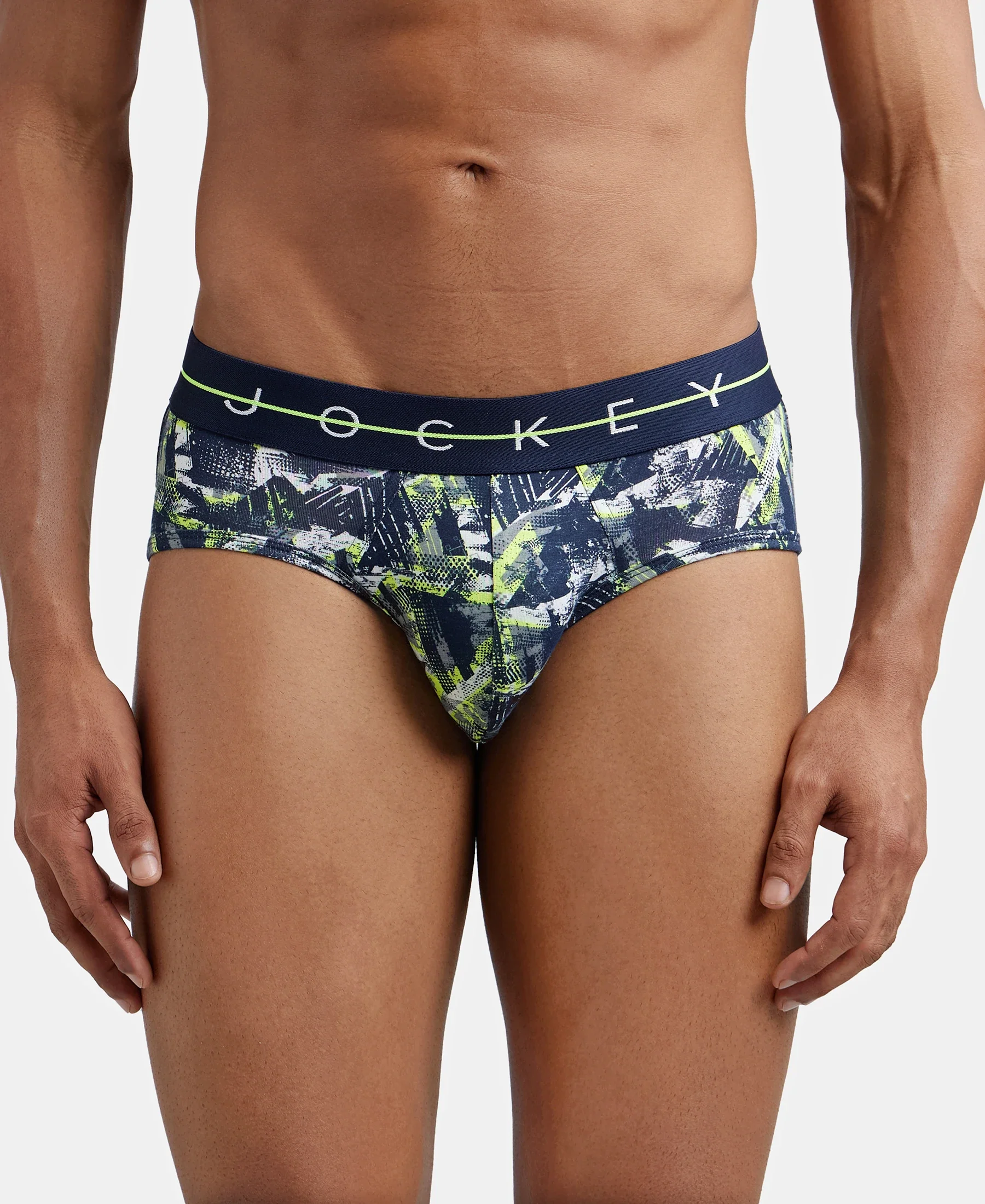 Super Combed Cotton Elastane Printed Brief with Ultrasoft Waistband - Navy & Neon