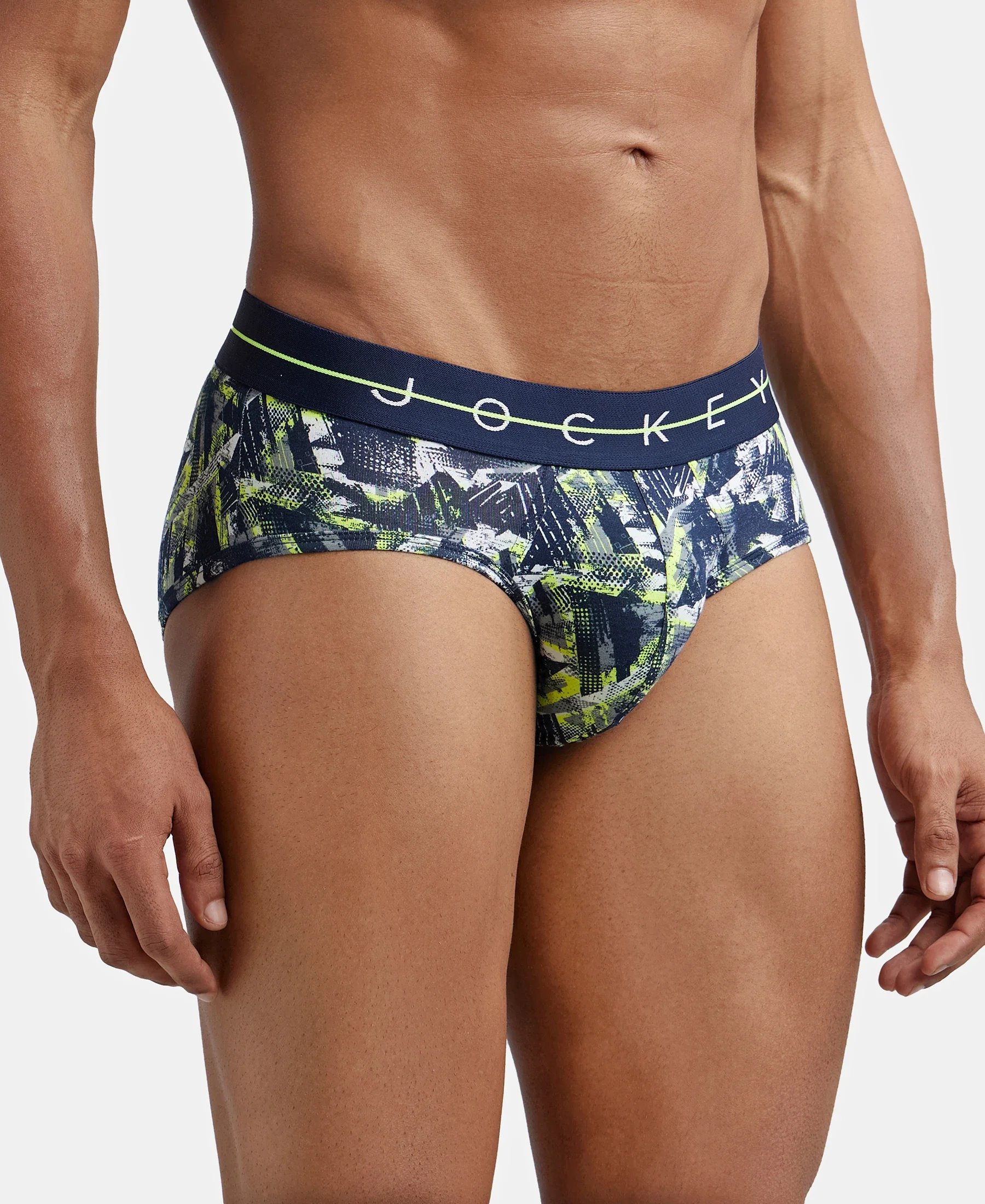 Super Combed Cotton Elastane Printed Brief with Ultrasoft Waistband - Navy & Neon - Image 2