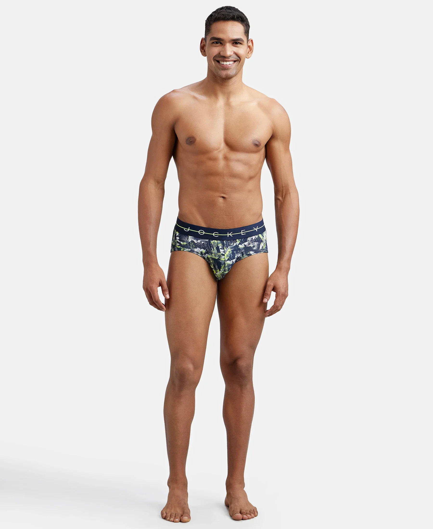 Super Combed Cotton Elastane Printed Brief with Ultrasoft Waistband - Navy & Neon - Image 4