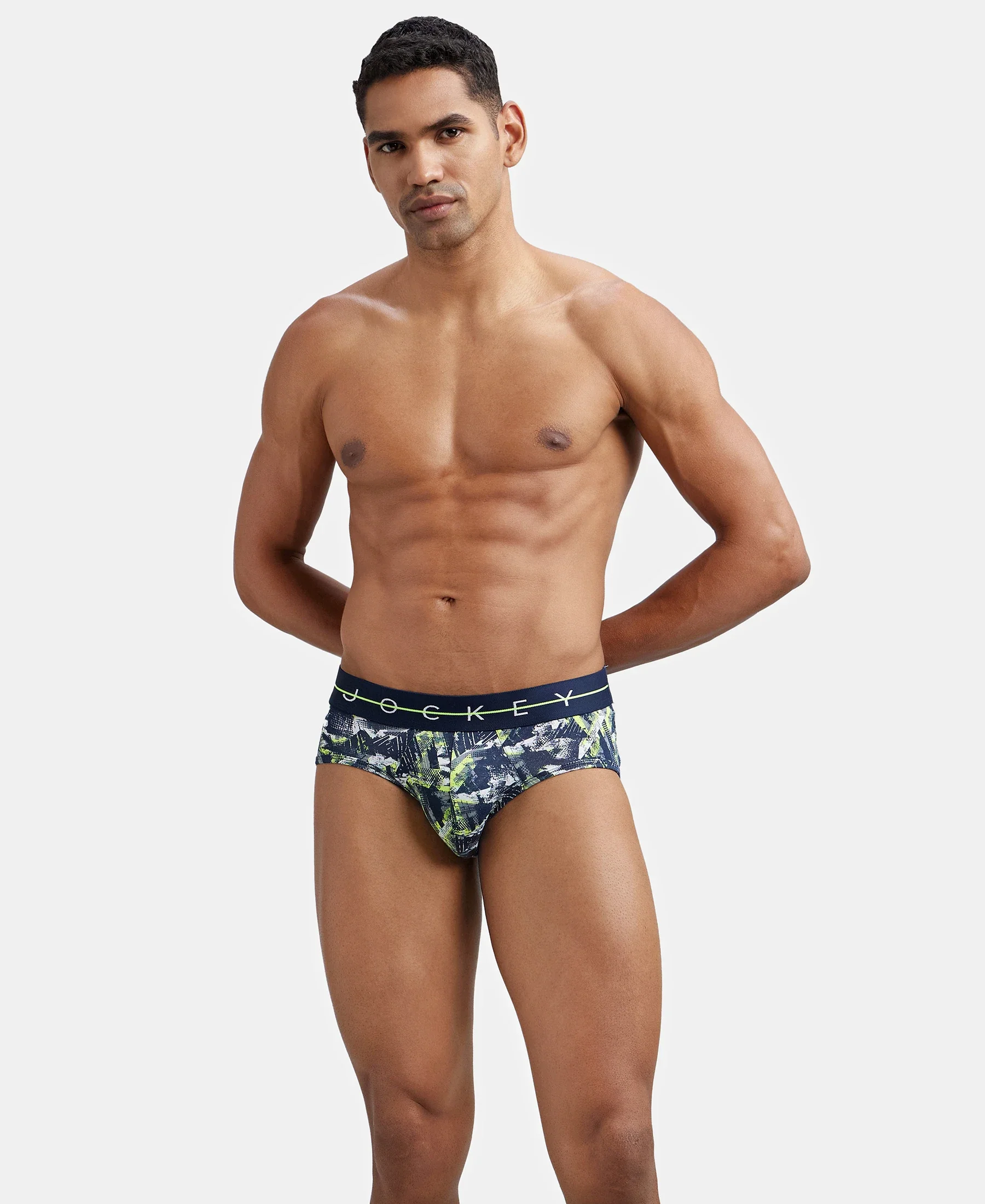 Super Combed Cotton Elastane Printed Brief with Ultrasoft Waistband - Navy & Neon - Image 5