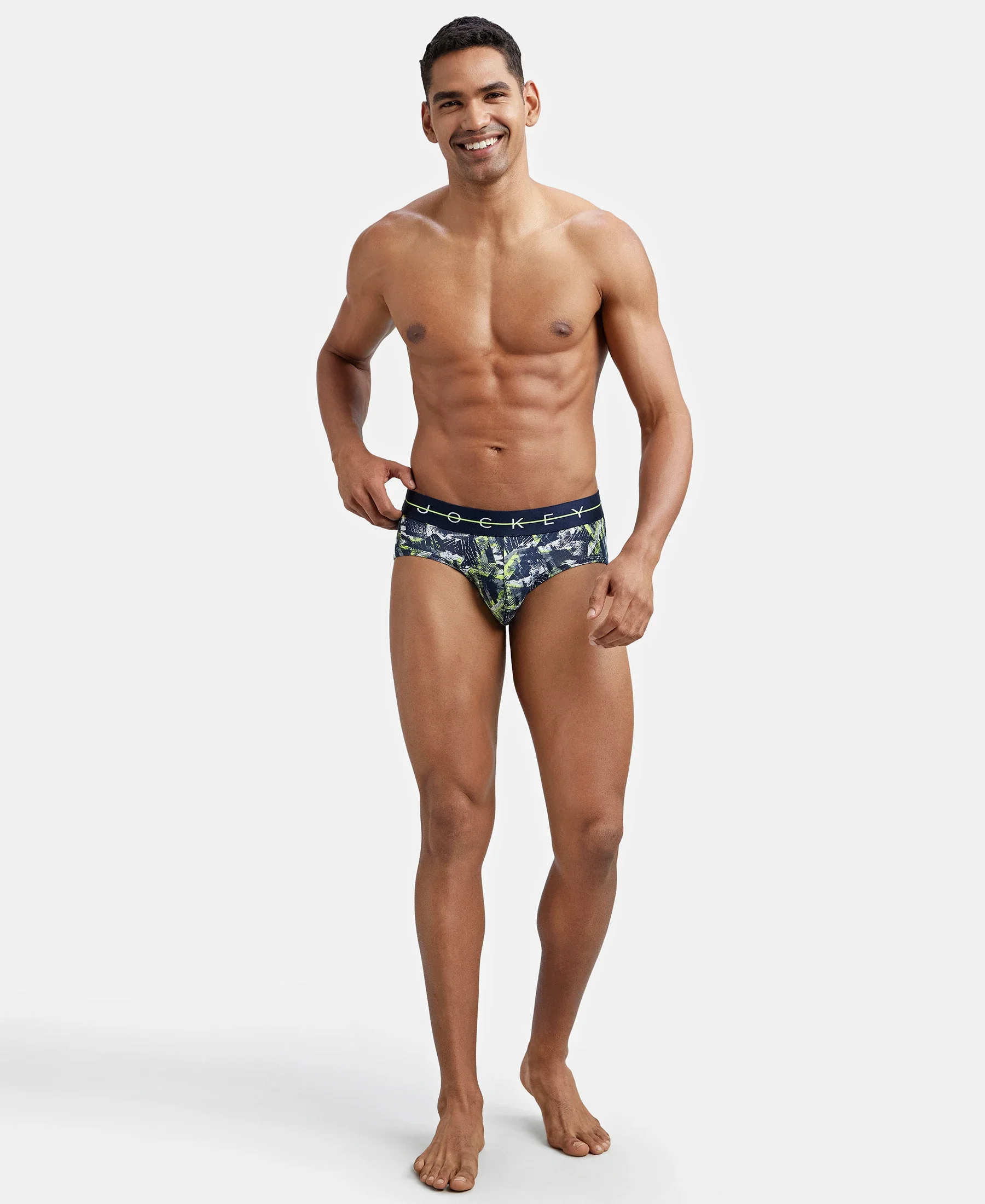 Super Combed Cotton Elastane Printed Brief with Ultrasoft Waistband - Navy & Neon - Image 6