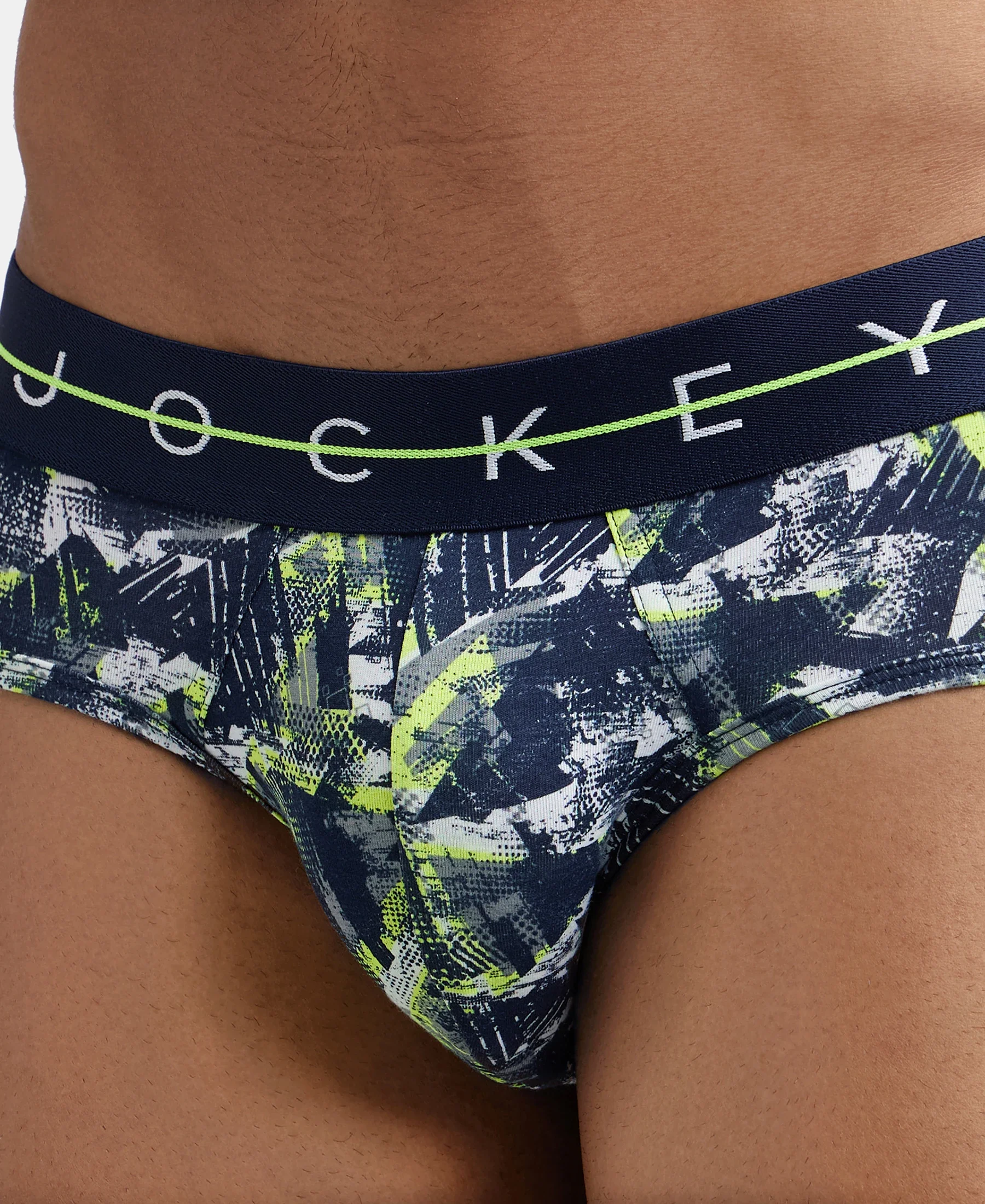 Super Combed Cotton Elastane Printed Brief with Ultrasoft Waistband - Navy & Neon - Image 7