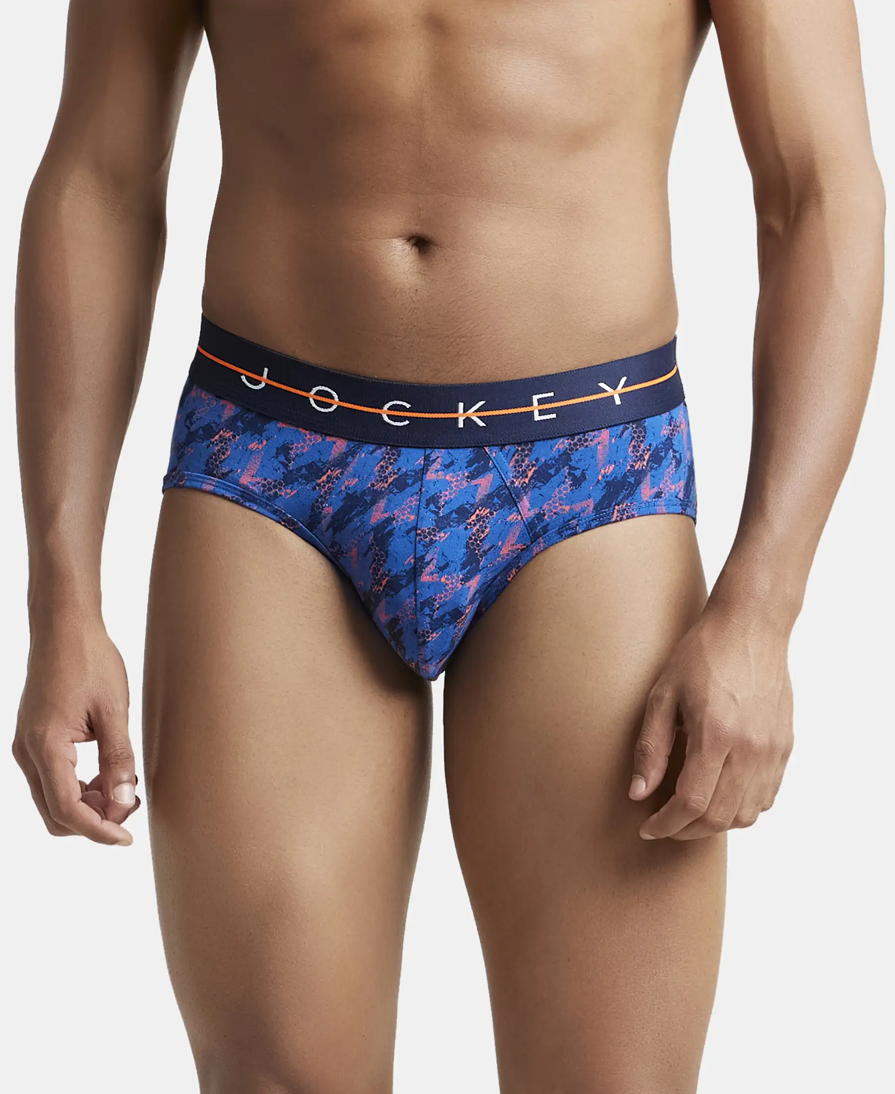 Super Combed Cotton Elastane Printed Brief with Ultrasoft Waistband - Navy & Orange