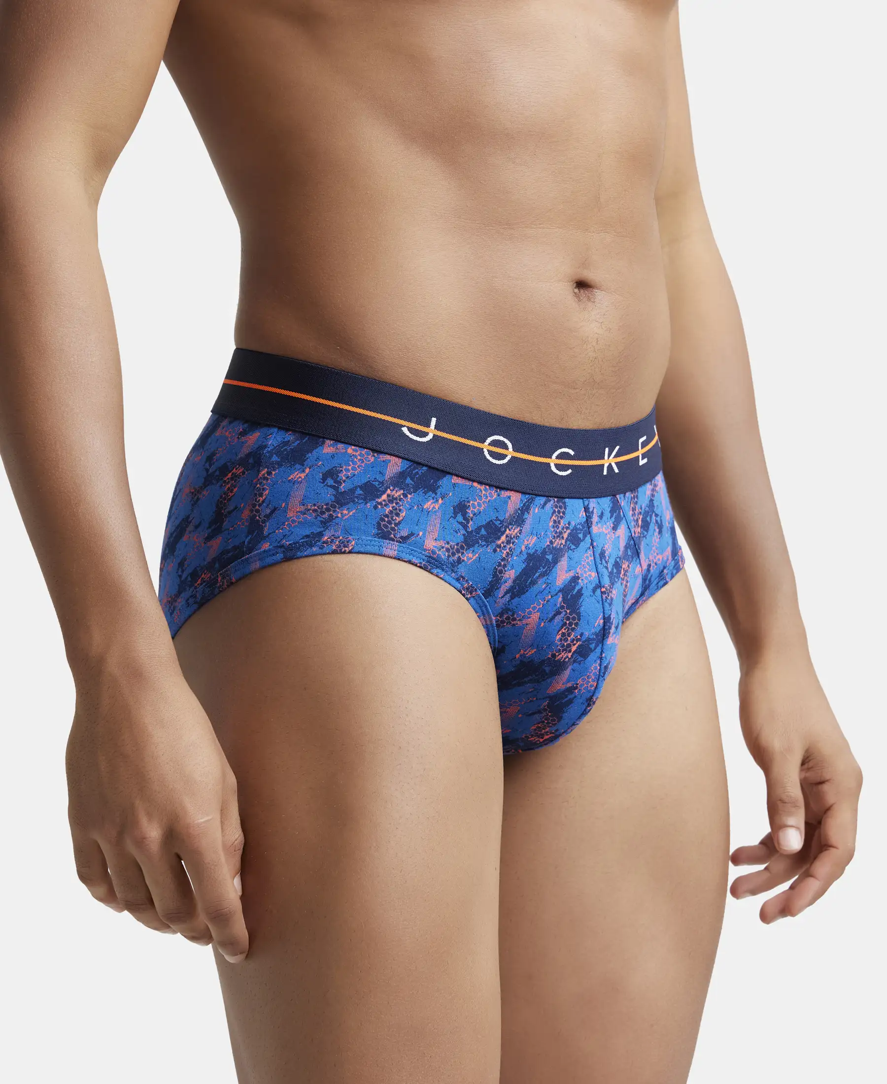 Super Combed Cotton Elastane Printed Brief with Ultrasoft Waistband - Navy & Orange - Image 2