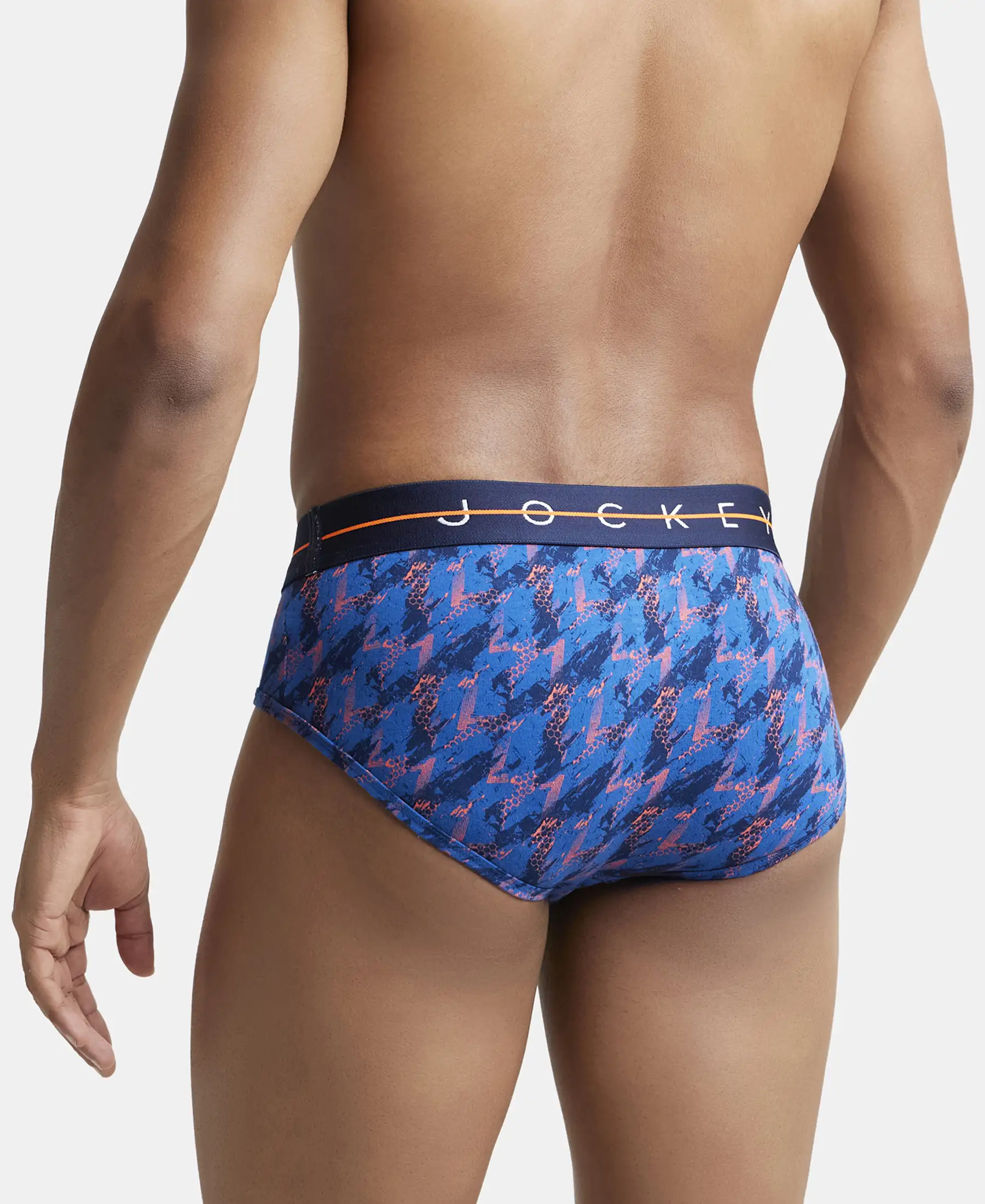 Super Combed Cotton Elastane Printed Brief with Ultrasoft Waistband - Navy & Orange - Image 3