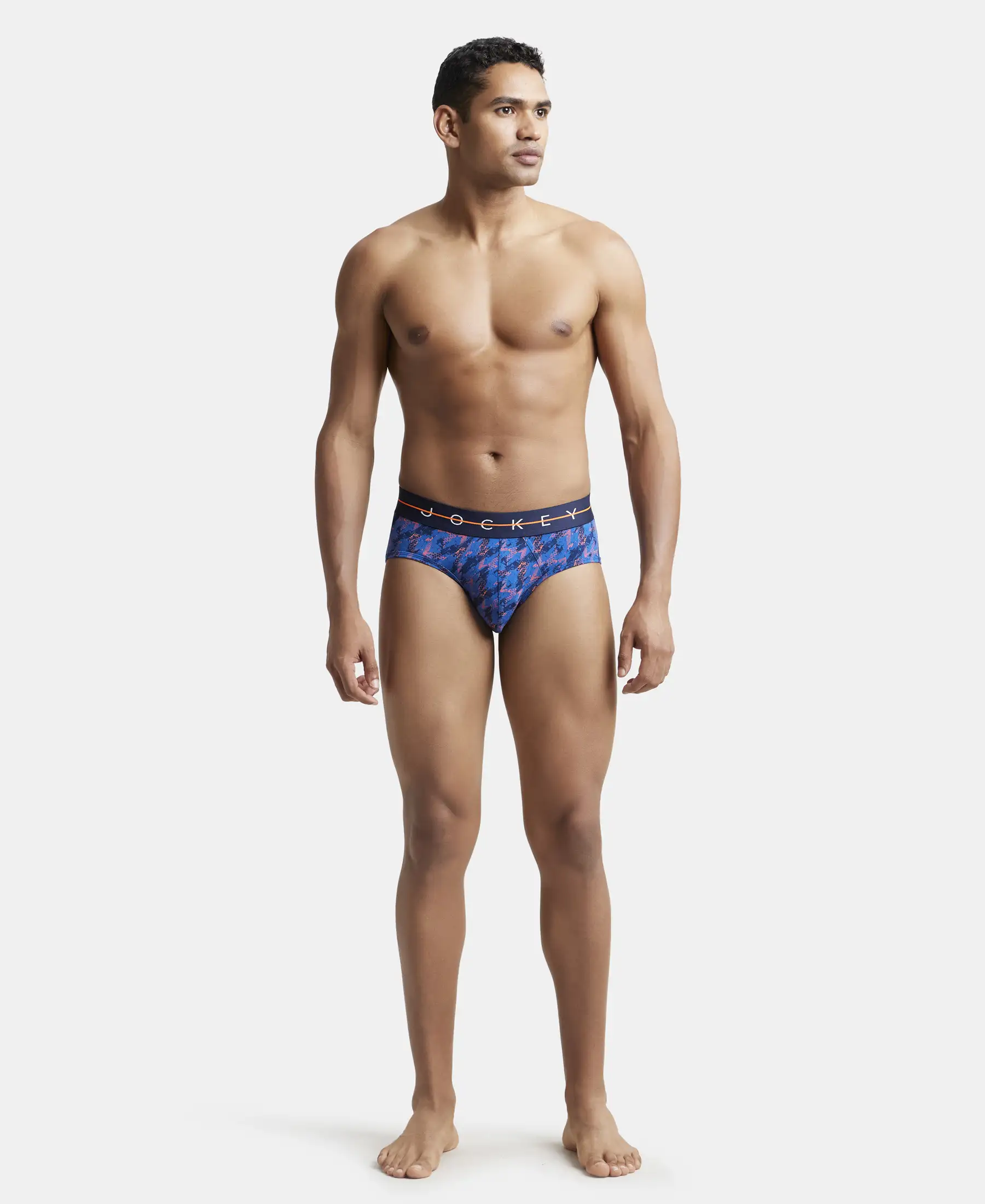Super Combed Cotton Elastane Printed Brief with Ultrasoft Waistband - Navy & Orange - Image 4