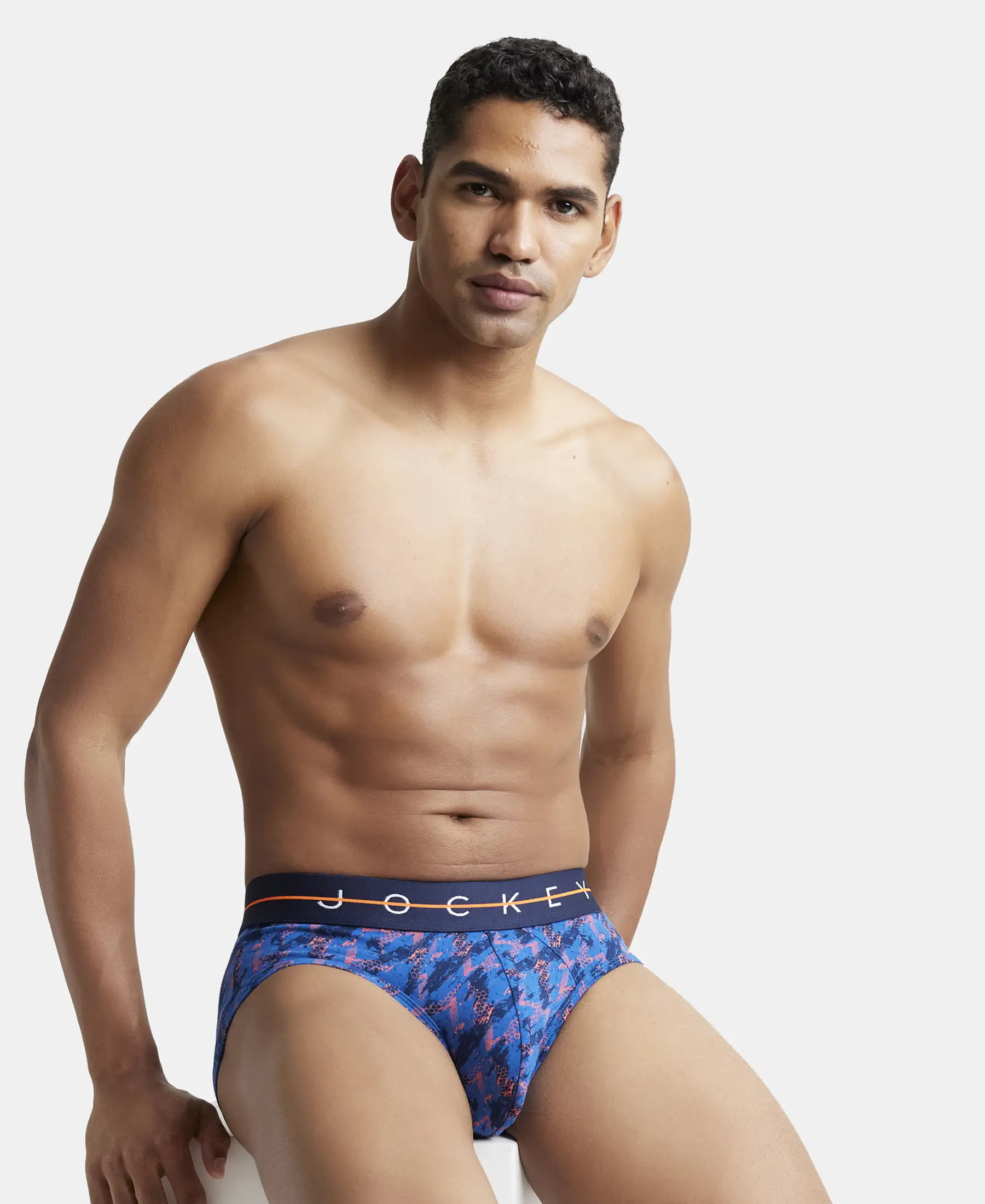 Super Combed Cotton Elastane Printed Brief with Ultrasoft Waistband - Navy & Orange - Image 5