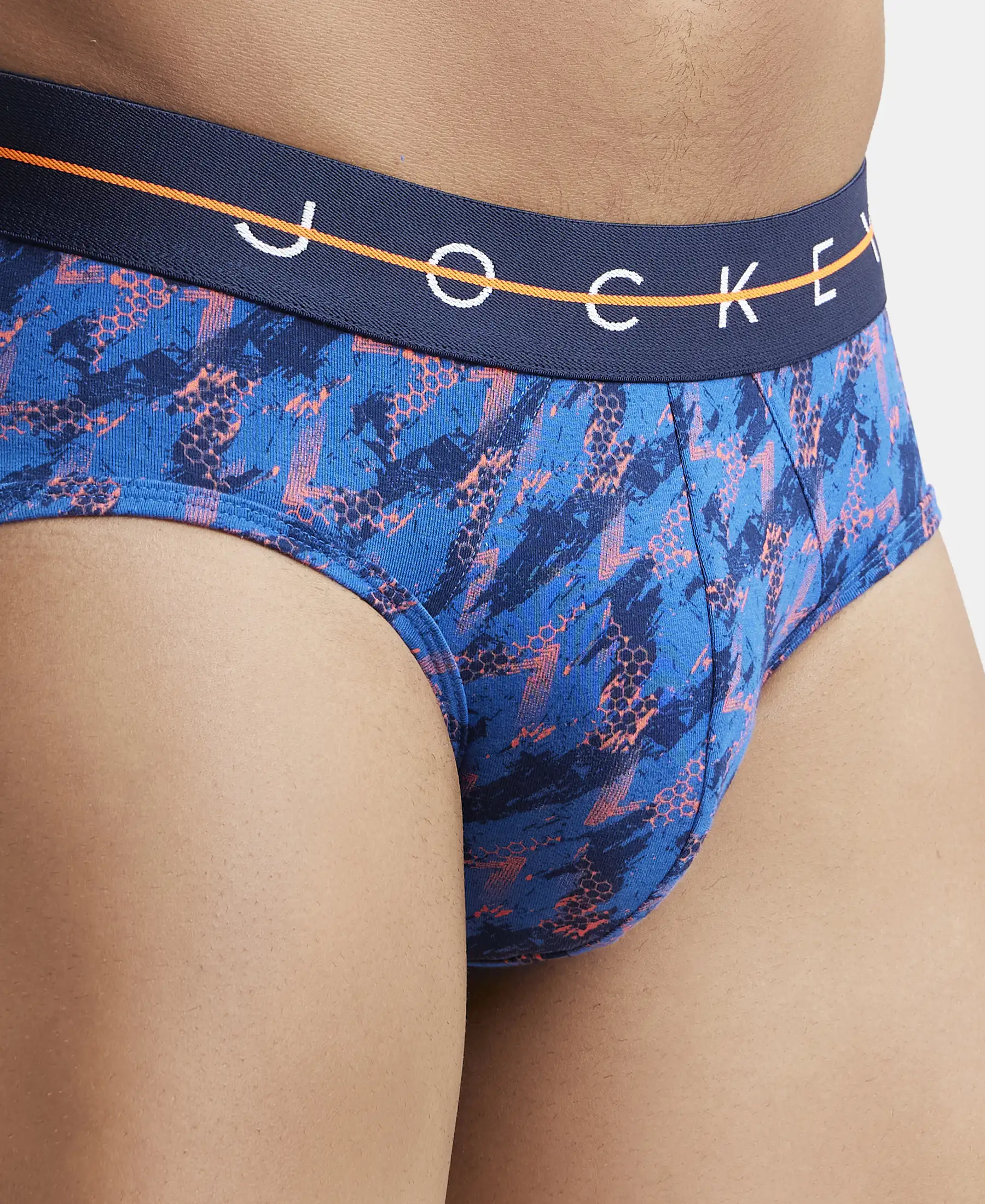 Super Combed Cotton Elastane Printed Brief with Ultrasoft Waistband - Navy & Orange - Image 6