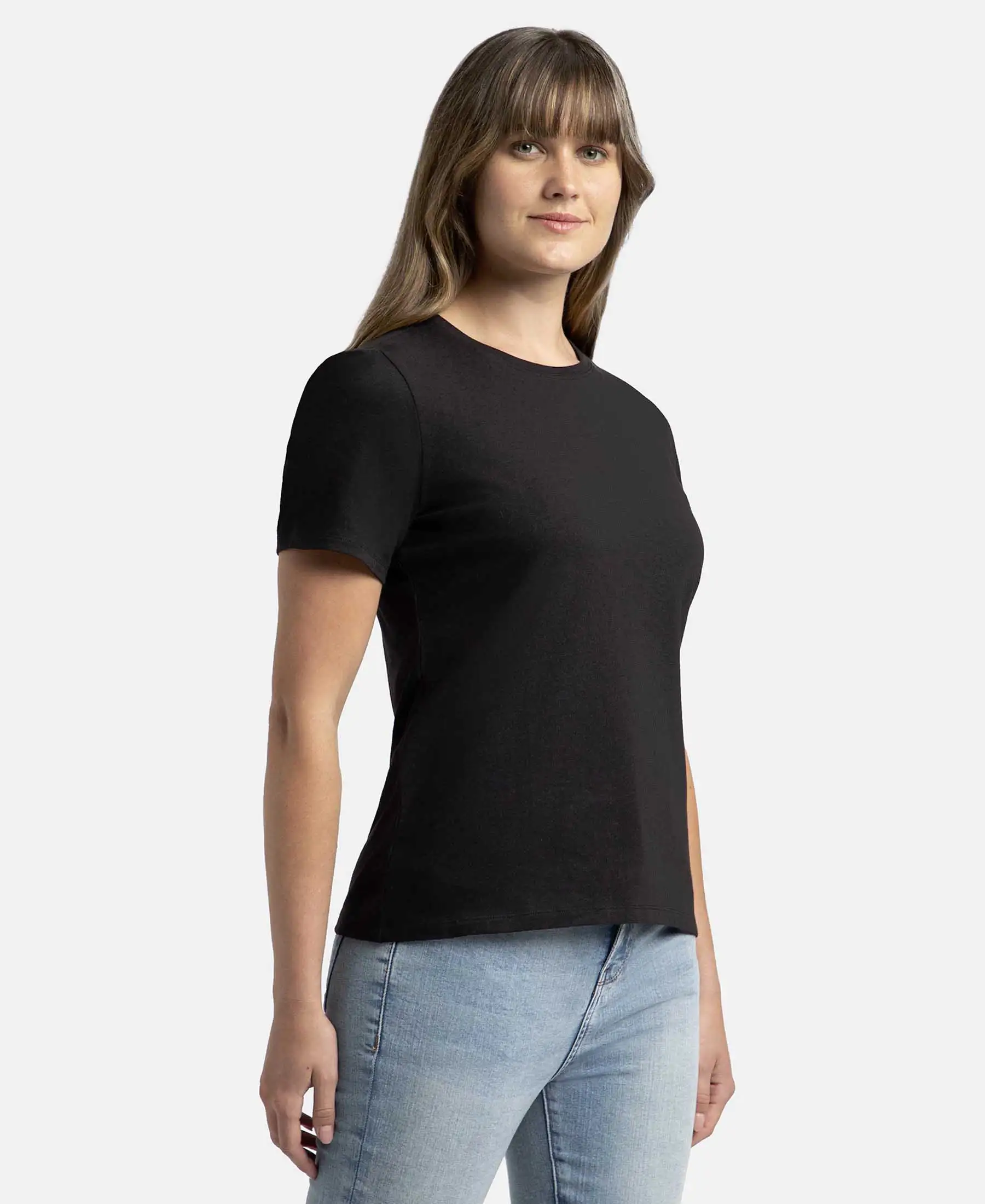 Super Combed Cotton Elastane Stretch Regular Fit Solid Round Neck Half Sleeve T-Shirt - Black - Image 2